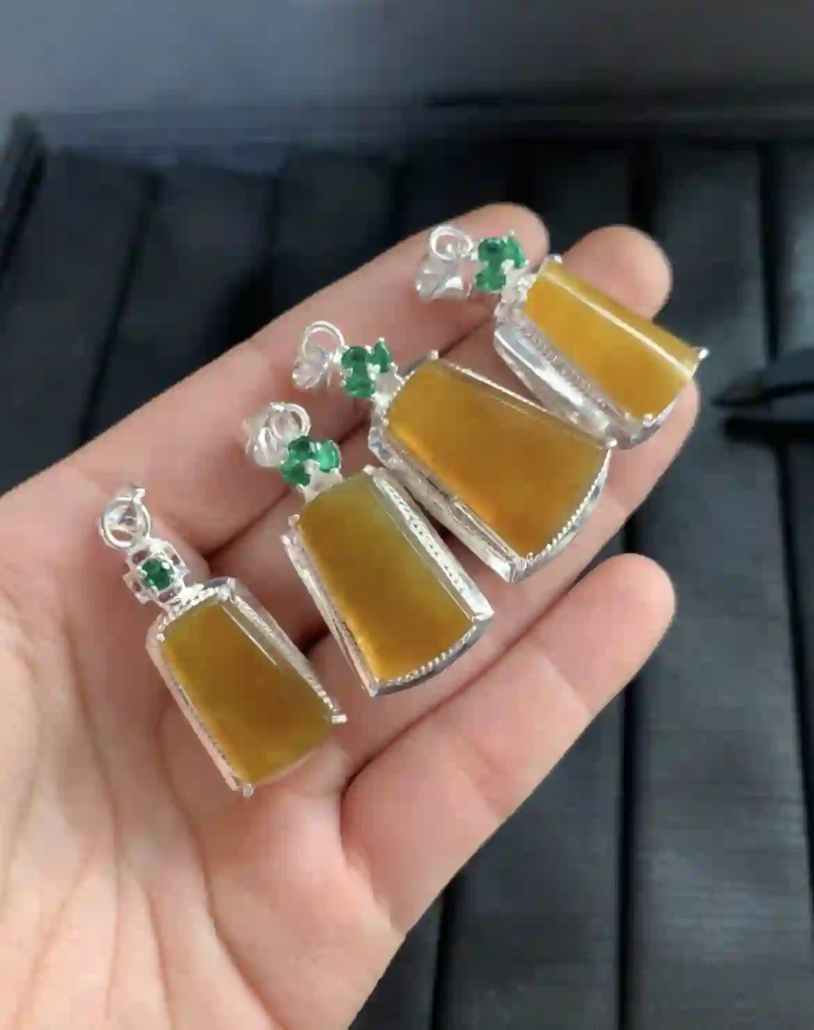 Natural Golden Yellow Jade Pendant Set with Green Accents | Myanmar Jadeite reference #2580003