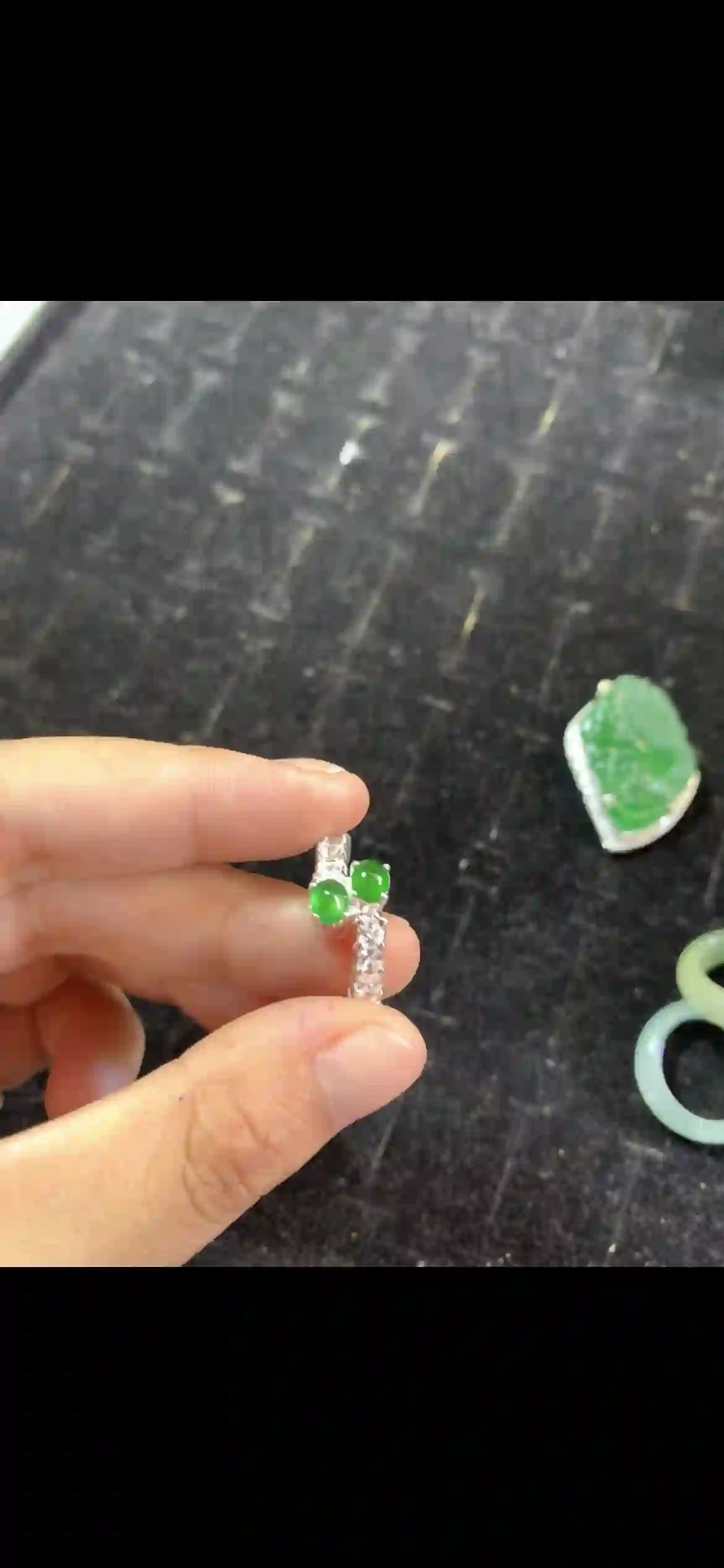 Vivid Emerald Green Jade Cabochon Ring with Diamond Halo Setting | Myanmar Jadeite reference #21420001
