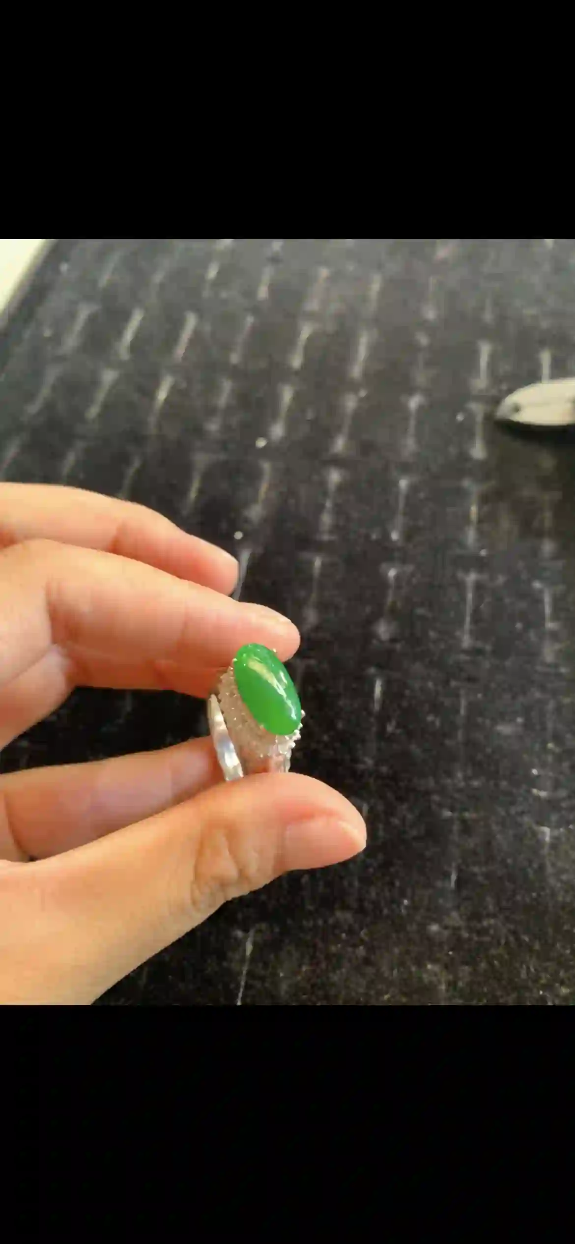 Oval Vivid Emerald Jade Ring with Diamond Halo Setting | Myanmar Jadeite reference #18840001