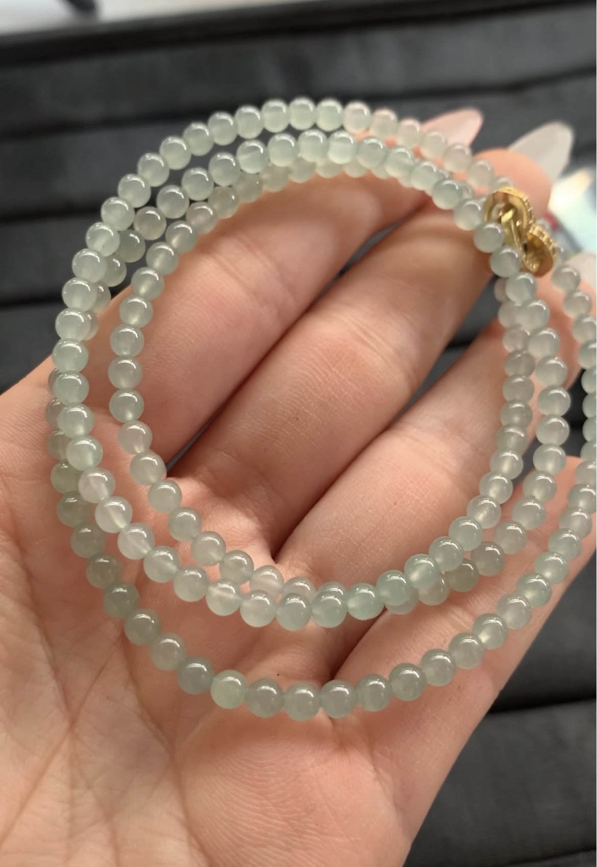 Multi-Strand Light Green Jade Bead Necklace with Gold-Toned Clasp - Burmese Jadeite from Myanmar