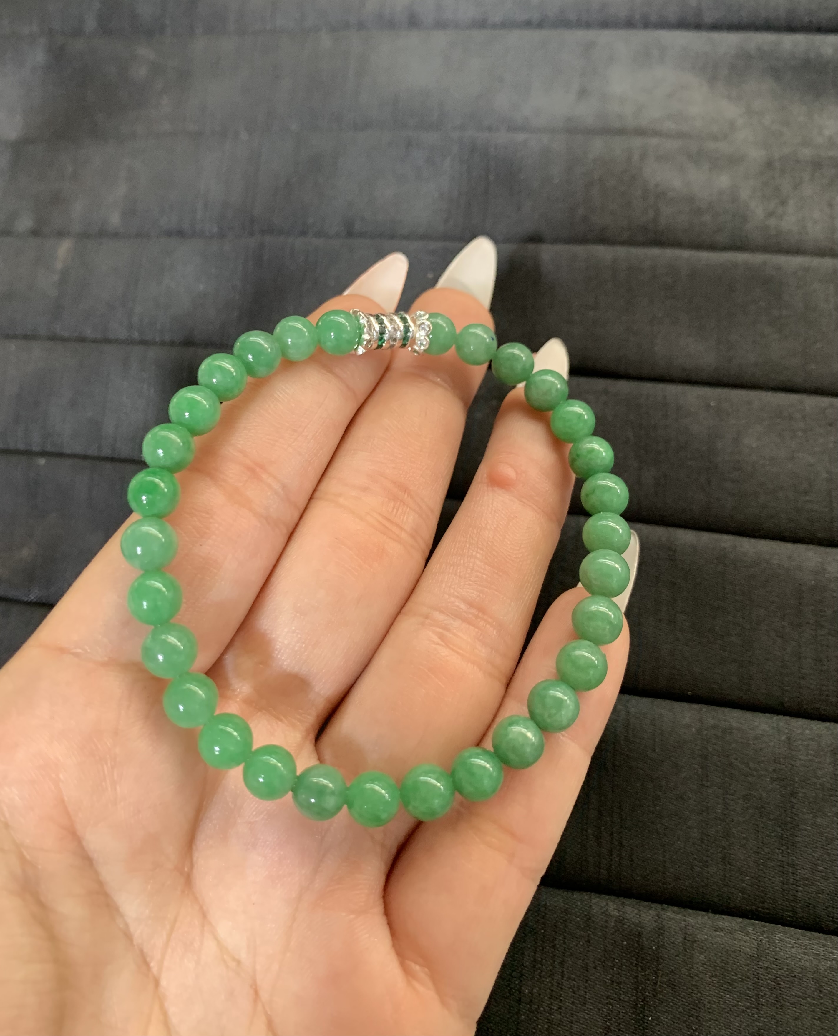 Green Jade Beaded Bracelet with Crystal Accent - Burmese Jadeite from Myanmar