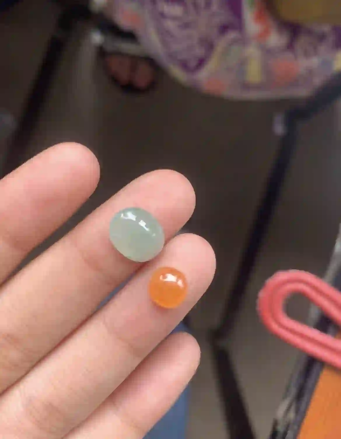  Icy Pale Green & Warm Orange Jadeite Cabochons – Pair of Loose Gemstones, view 2 | Myanmar Jadeite reference #3510001