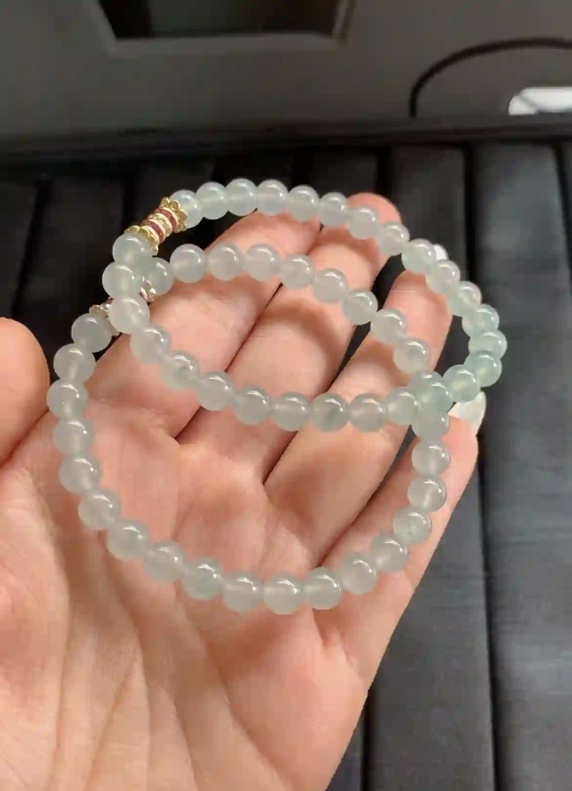   Natural Icy Green Jade Bead Bracelet, view 2 | Myanmar Jadeite reference #2010002
