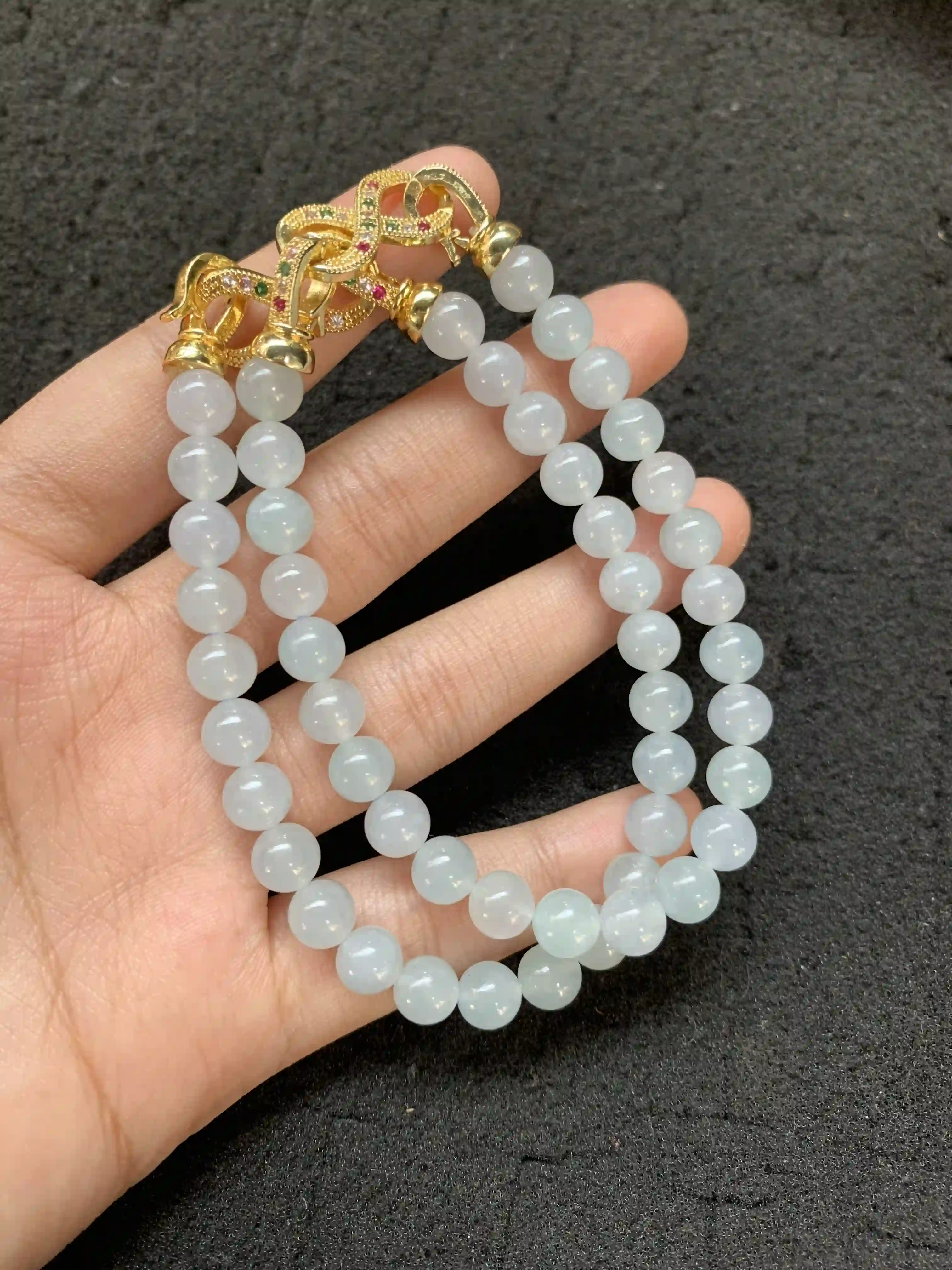 Translucent Light Green Jade Bead Necklace with Intricate Gold Clasp | Myanmar Jadeite reference #1320003