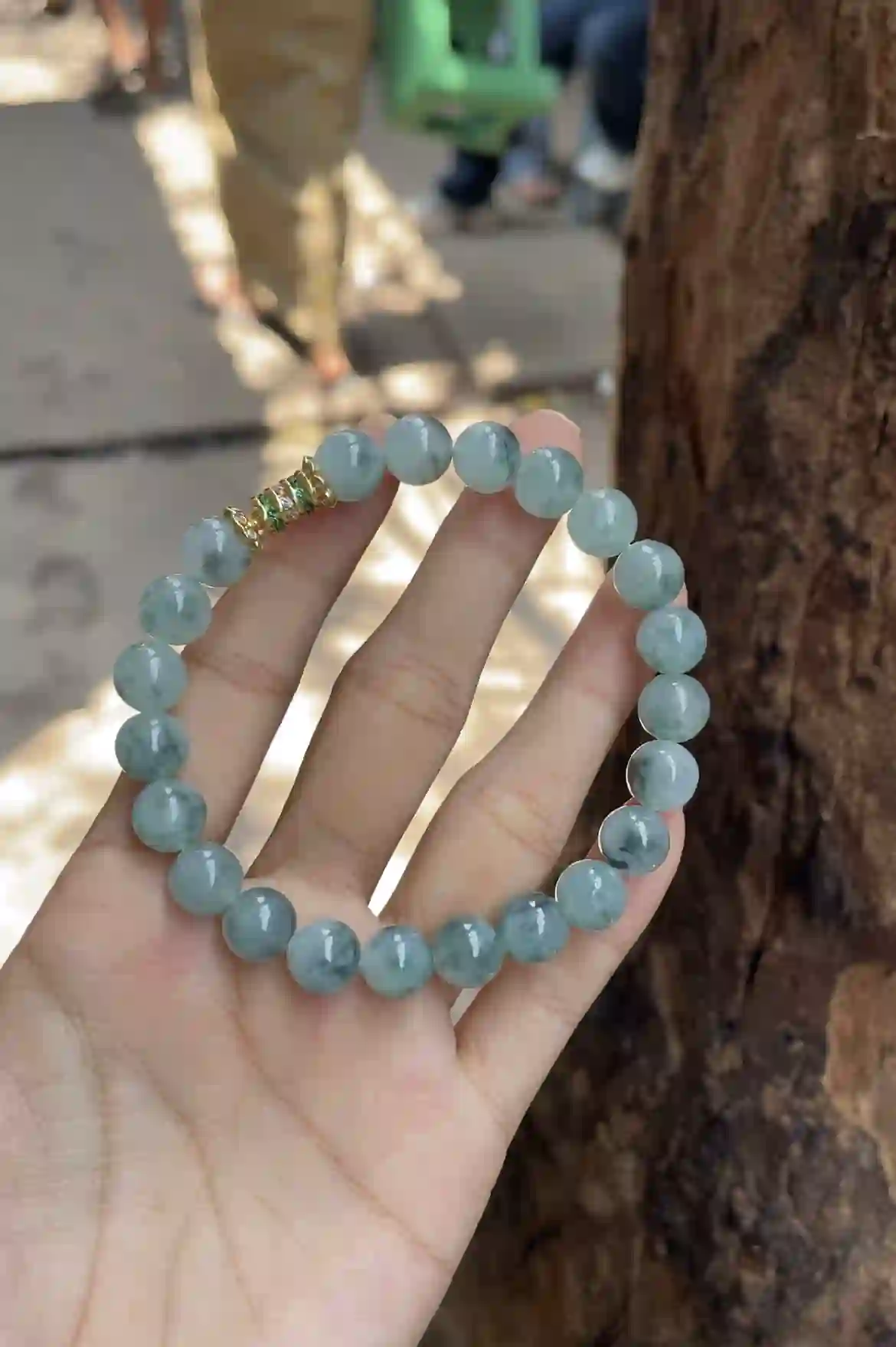   Icy Blue-Green Floating Flower Jadeite Beaded Bracelet with Gold Plated Accent, view 2 | Myanmar Jadeite reference #3540001