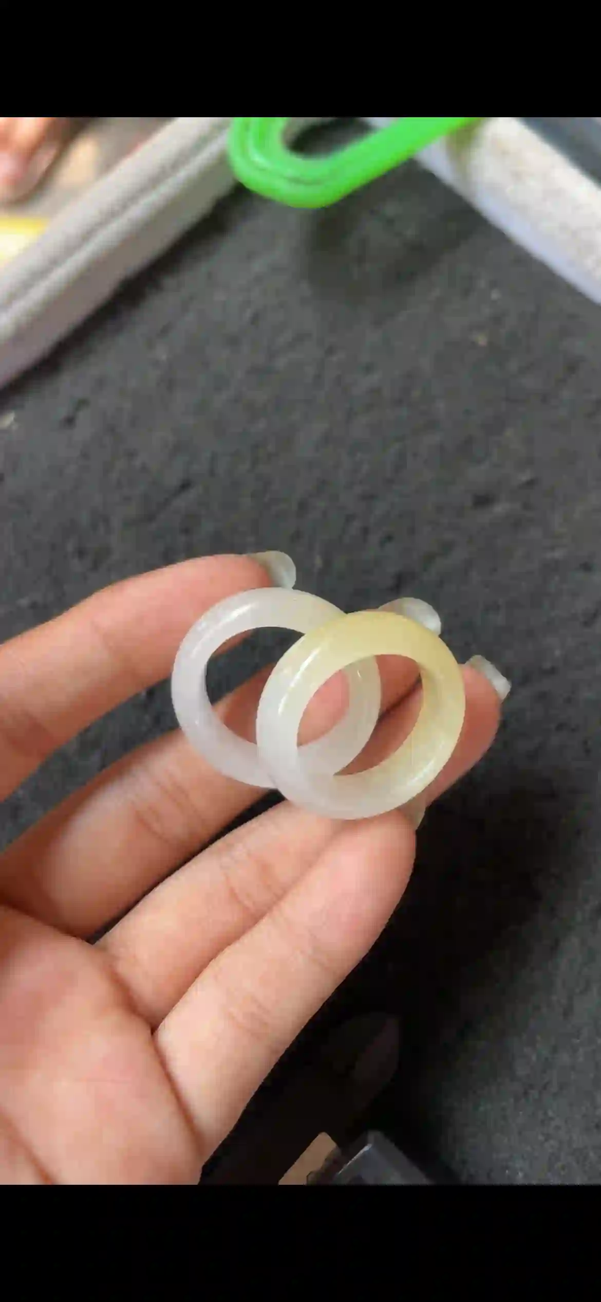  Pair of Natural Icy White & Honey Yellow Jadeite Band Rings | Myanmar Jadeite reference #6870001