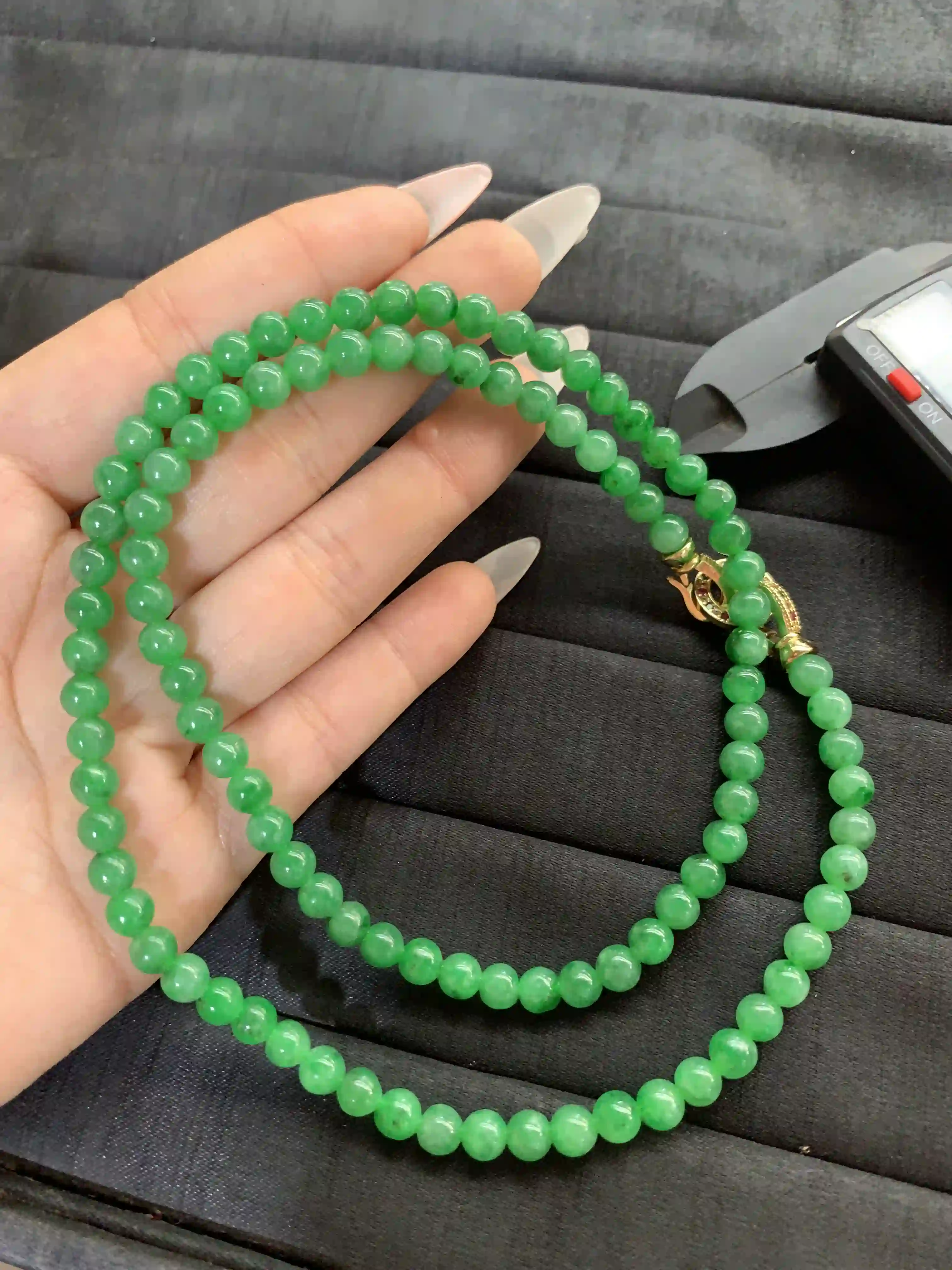  Elegant Green Beaded Necklace with Gold-Toned Clasp, view 2 | Myanmar Jadeite reference #1500002