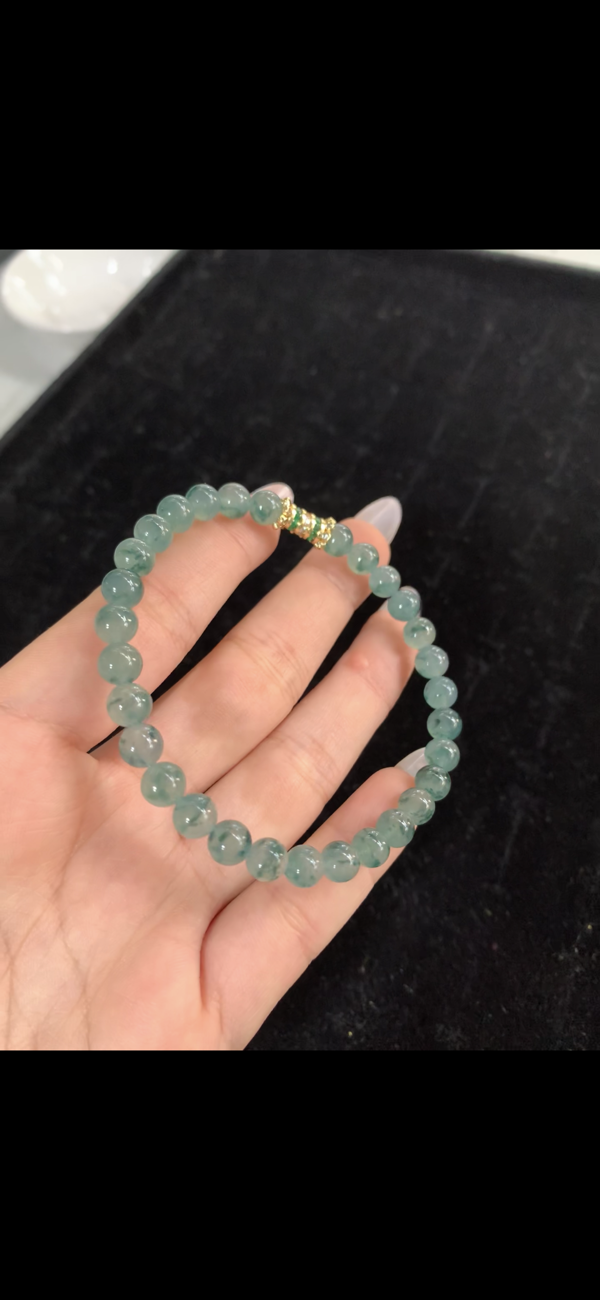 Icy Floating Blue-Green Jadeite Beaded Bracelet — Gold & Emerald Accent Spacer