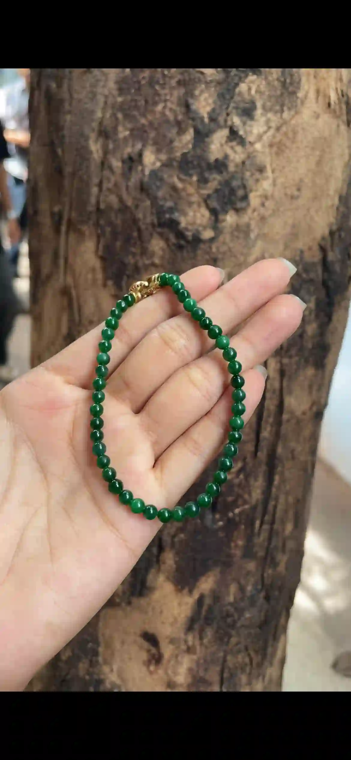  Rich Deep Green Jadeite Bead Bracelet with Gold‑Tone Clasp, view 2 | Myanmar Jadeite reference #9360003