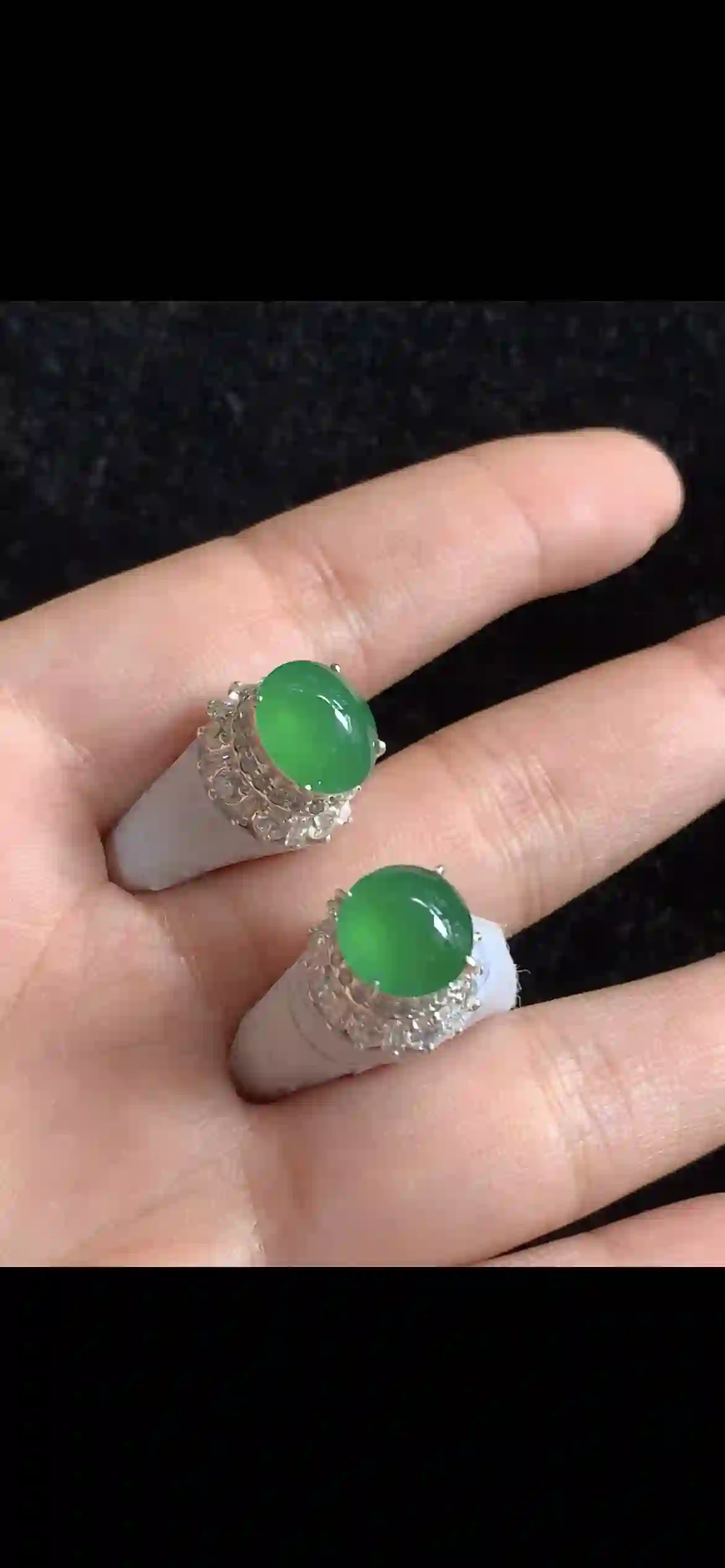Pair of Vivid Imperial Green Jade Cabochon Rings — Diamond Halo Setting, view 2 | Myanmar Jadeite reference #33990001