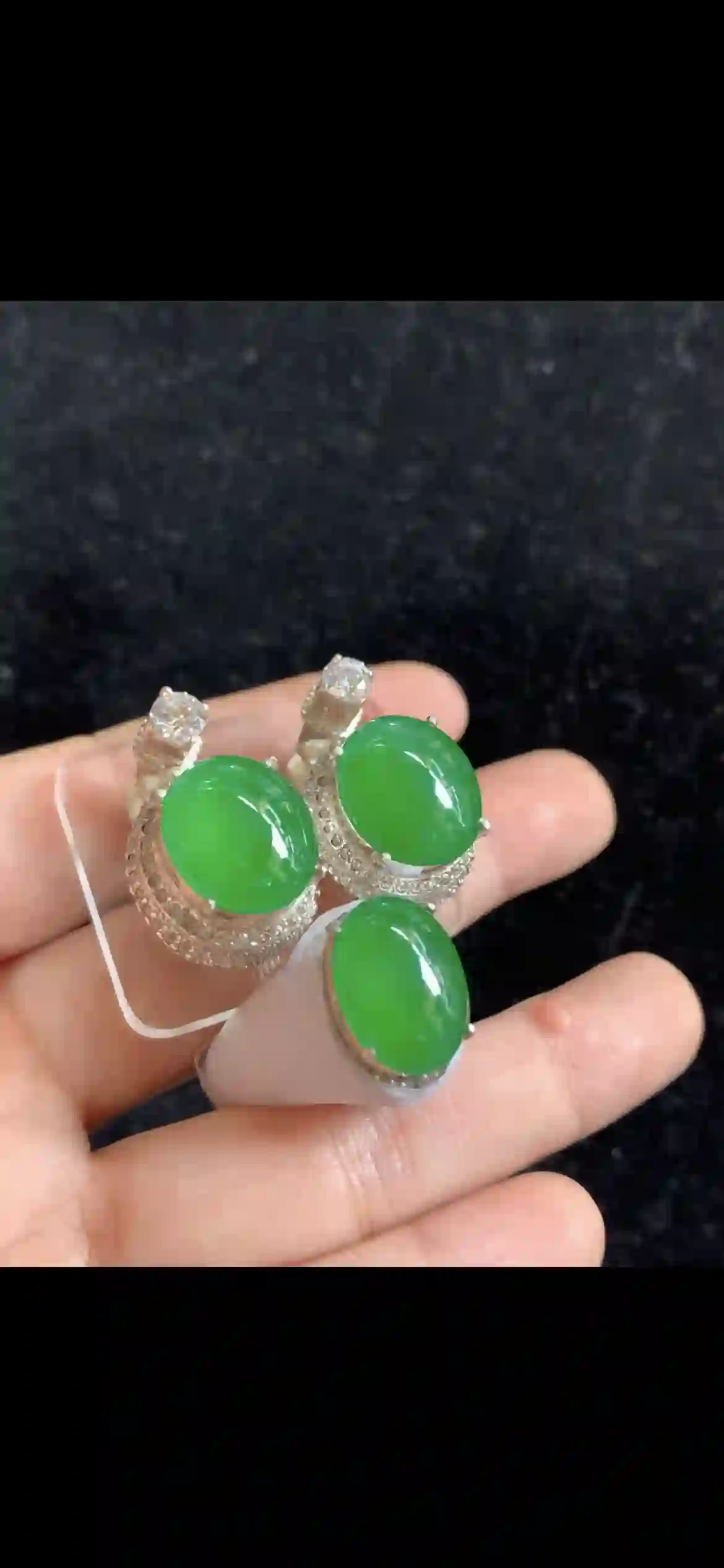 Luxury Imperial Green Jade Jewelry Set — Earrings & Ring with Diamond Halos, view 2 | Myanmar Jadeite reference #34140001