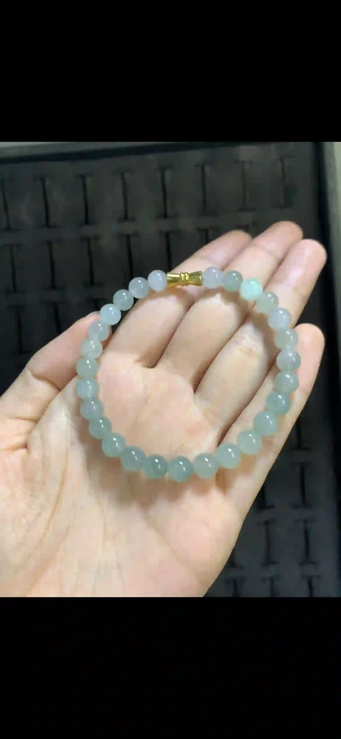 Icy Pale Blue-Green Gradient Jade Bead Bracelet with Gold Clasp | Myanmar Jadeite reference #20040001