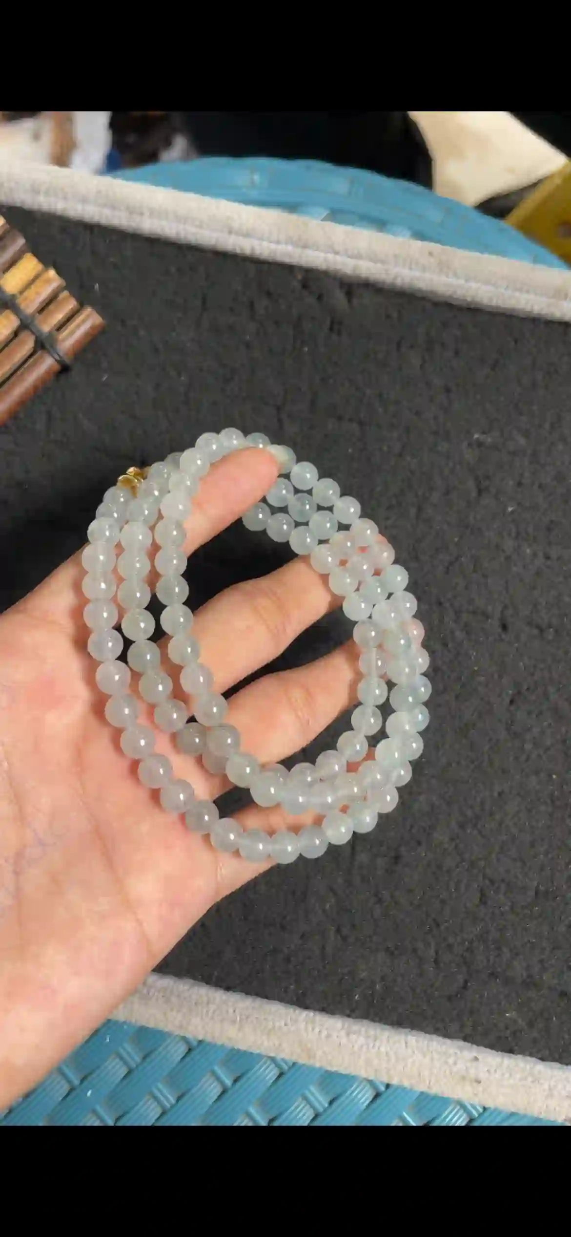  Icy Translucent Pale Blue Jade Bead Multi-Layer Necklace with Gold Clasp, view 2 | Myanmar Jadeite reference #5940001