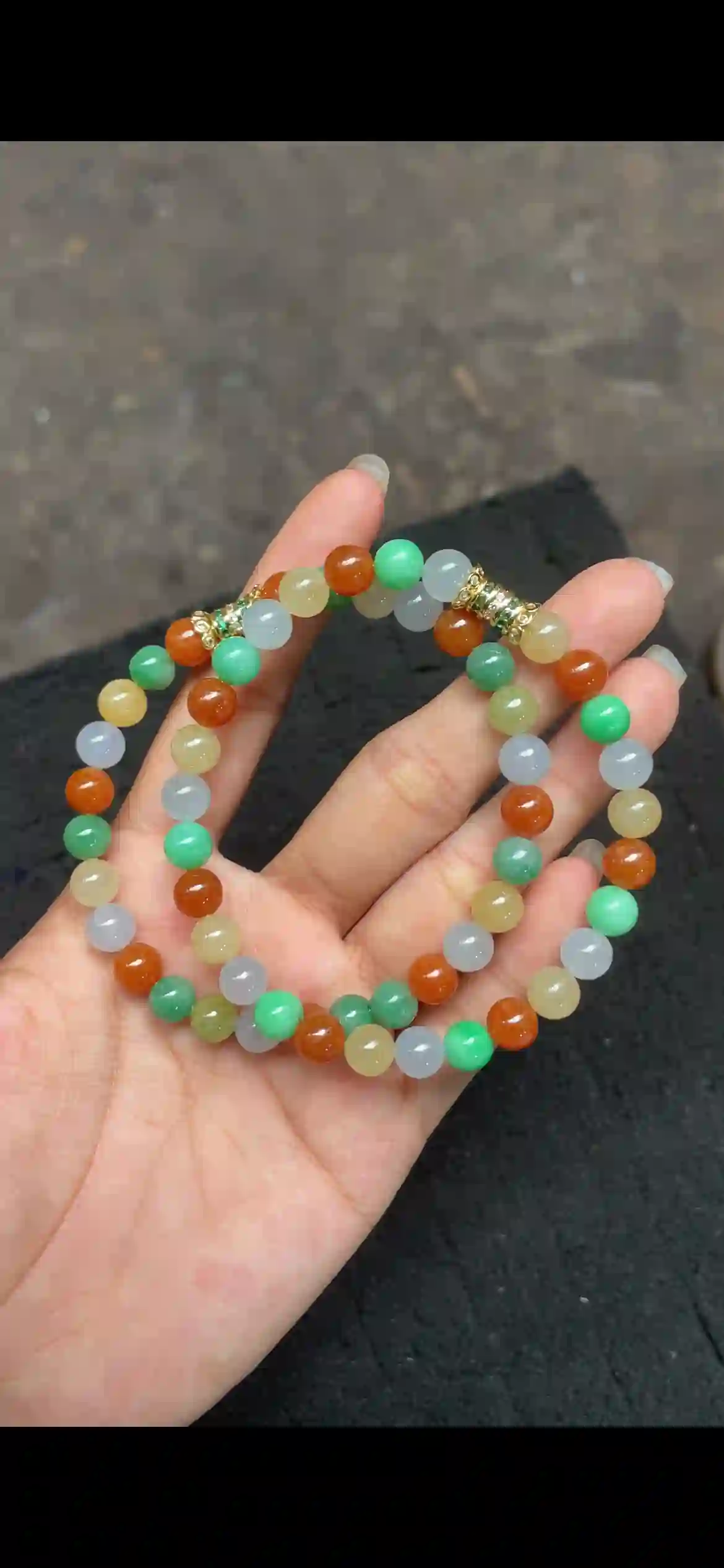Multicolor Icy Jadeite Beaded Double-Strand Bracelet with Gold Accents, view 2 | Myanmar Jadeite reference #4560001