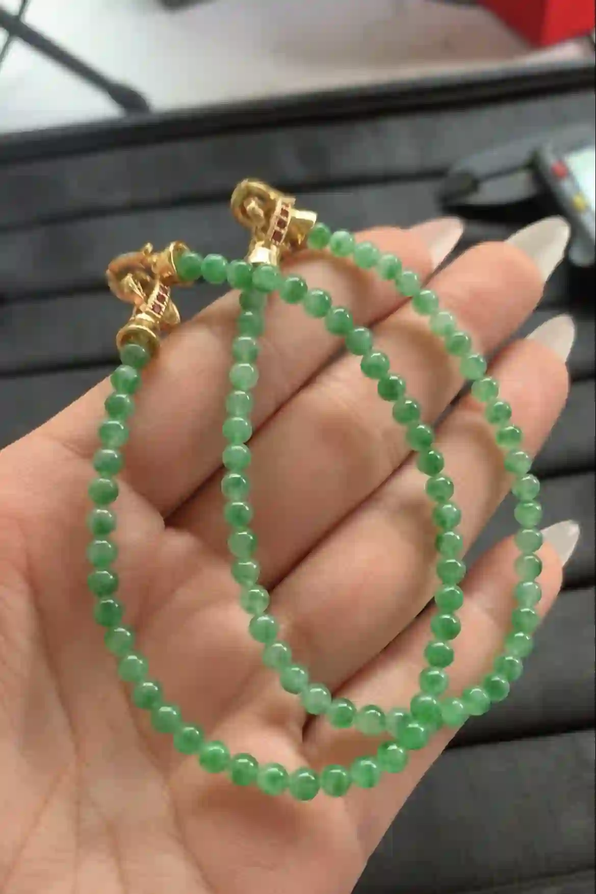 Rich Green Jade Bead Bracelets with Embellished Gold-Toned Clasps, view 2 | Myanmar Jadeite reference #1380011