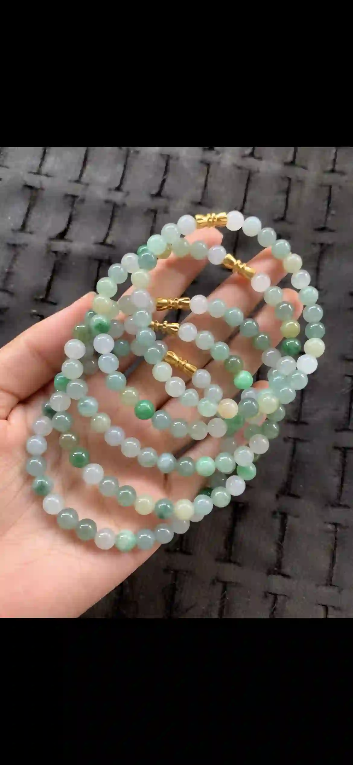 Icy Celadon & Emerald Flecked Jade Bead Multi-Strand Set with Gold Clasps — 5 Strands, view 2 | Myanmar Jadeite reference #21630001