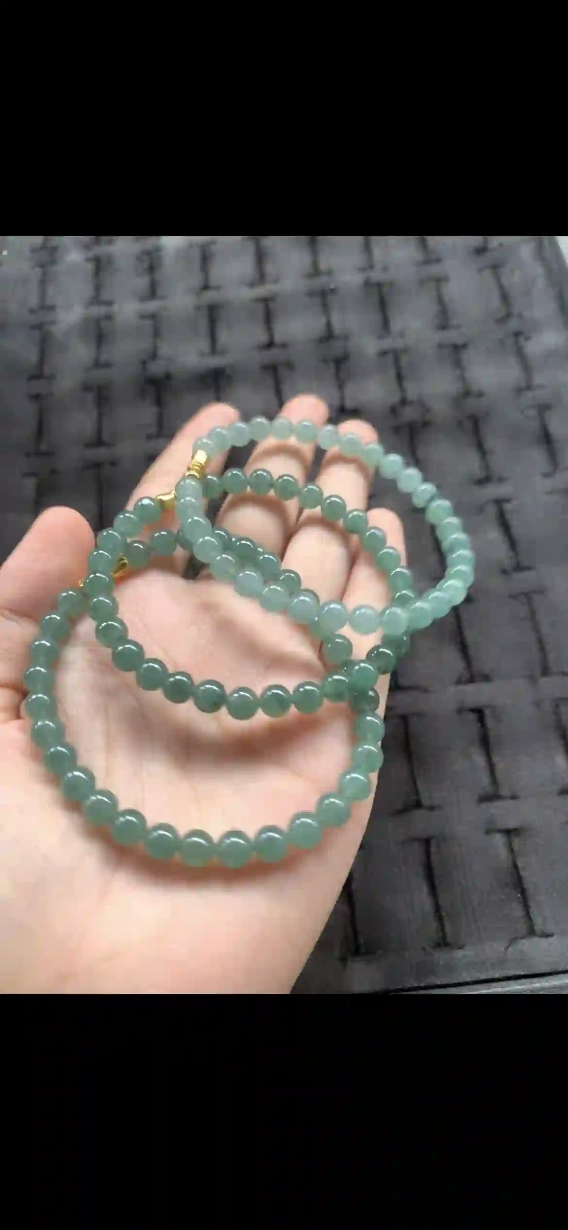 Uniform Muted Green Jade Bead Necklace with Gold Clasp, view 2 | Myanmar Jadeite reference #25740001