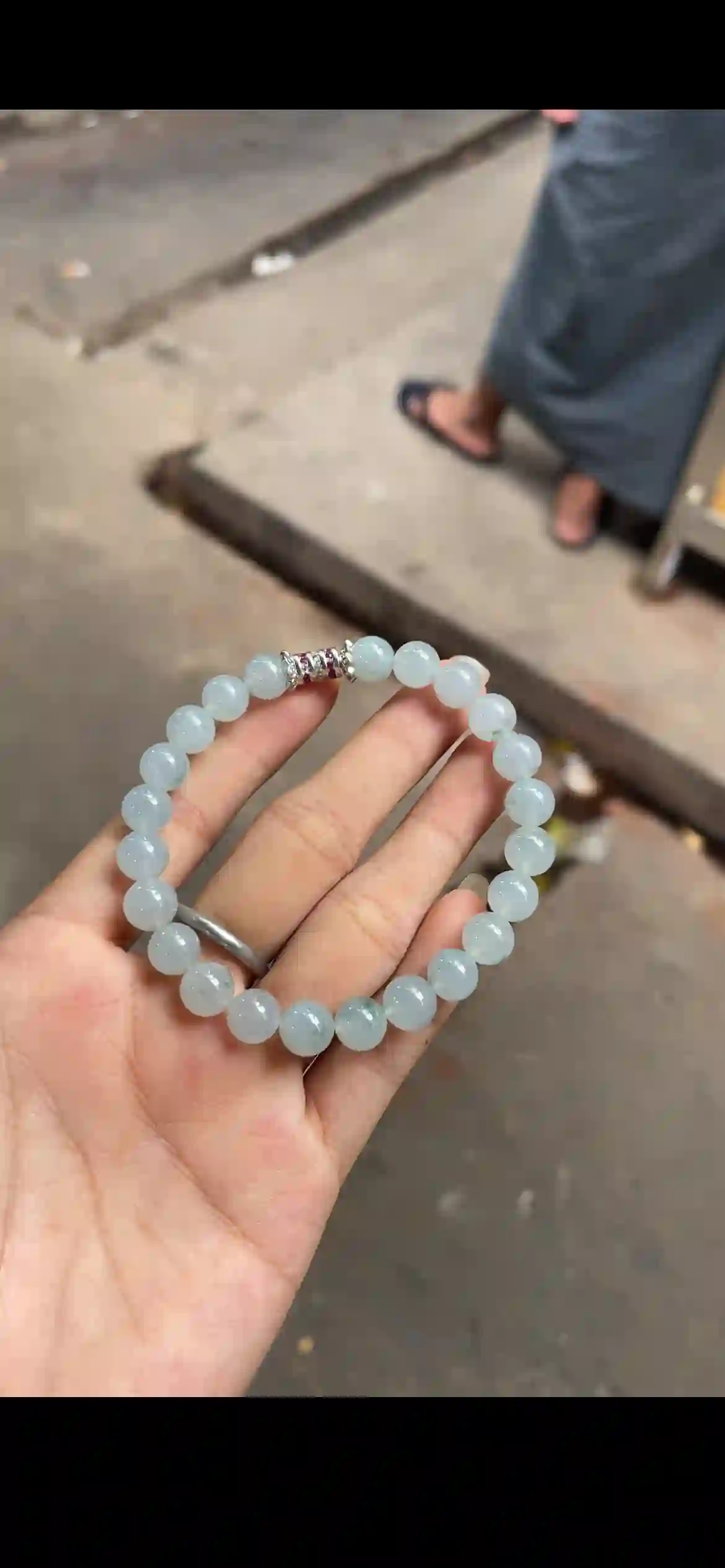 Icy Pale Blue Floating Flower Jadeite Bead Bracelet | Myanmar Jadeite reference #13650001