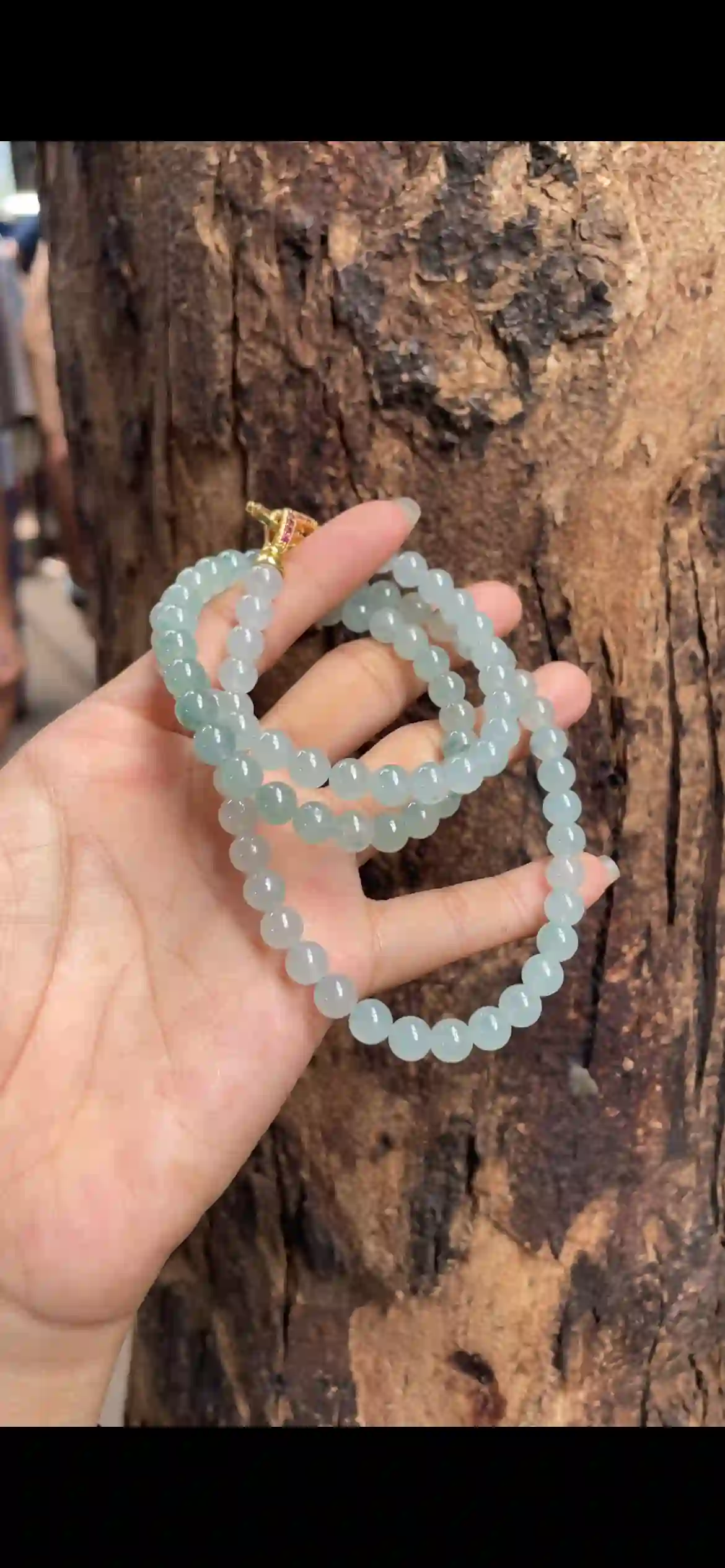 Icy Light Blue Jade Bead Necklace with Gold Clasp, view 2 | Myanmar Jadeite reference #5790004