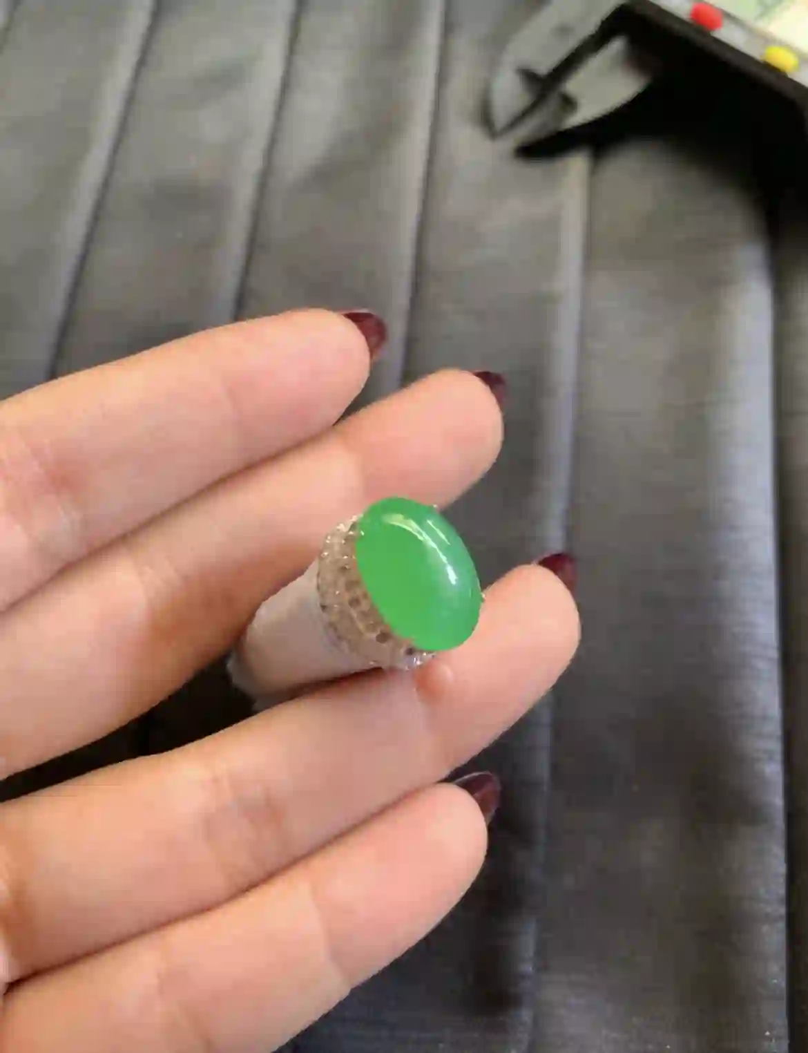  Vivid Emerald Green Jade Oval Cabochon Ring with Diamond Halo, view 2 | Myanmar Jadeite reference #2910007