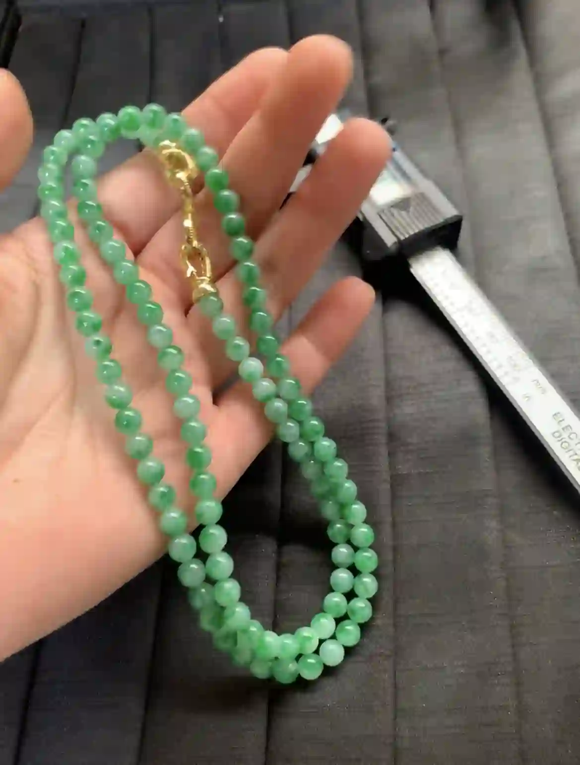 Natural Green Jade Bead Necklace with Gold Clasp, view 2 | Myanmar Jadeite reference #2490002