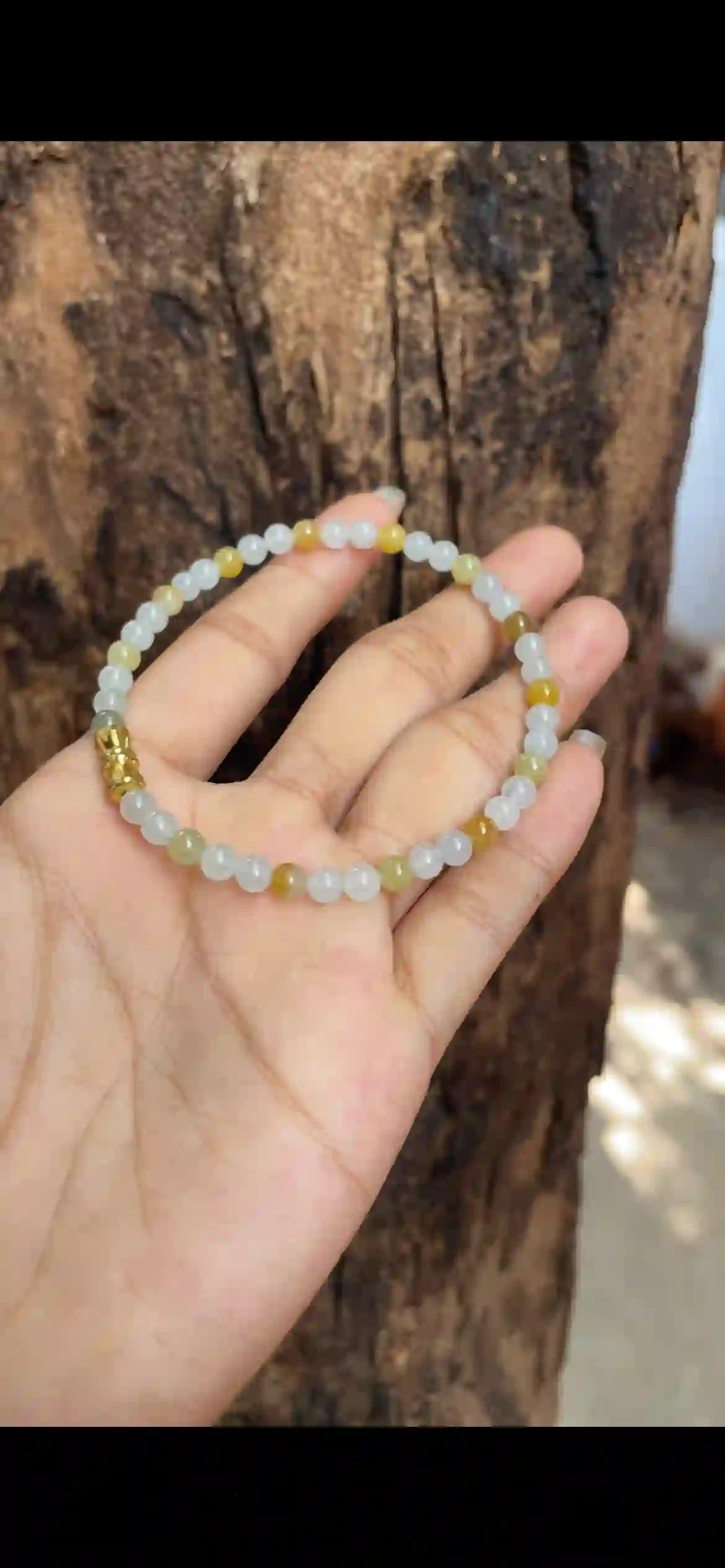 Icy White & Honey Yellow Jadeite Bead Bracelet, view 2 | Myanmar Jadeite reference #7620001