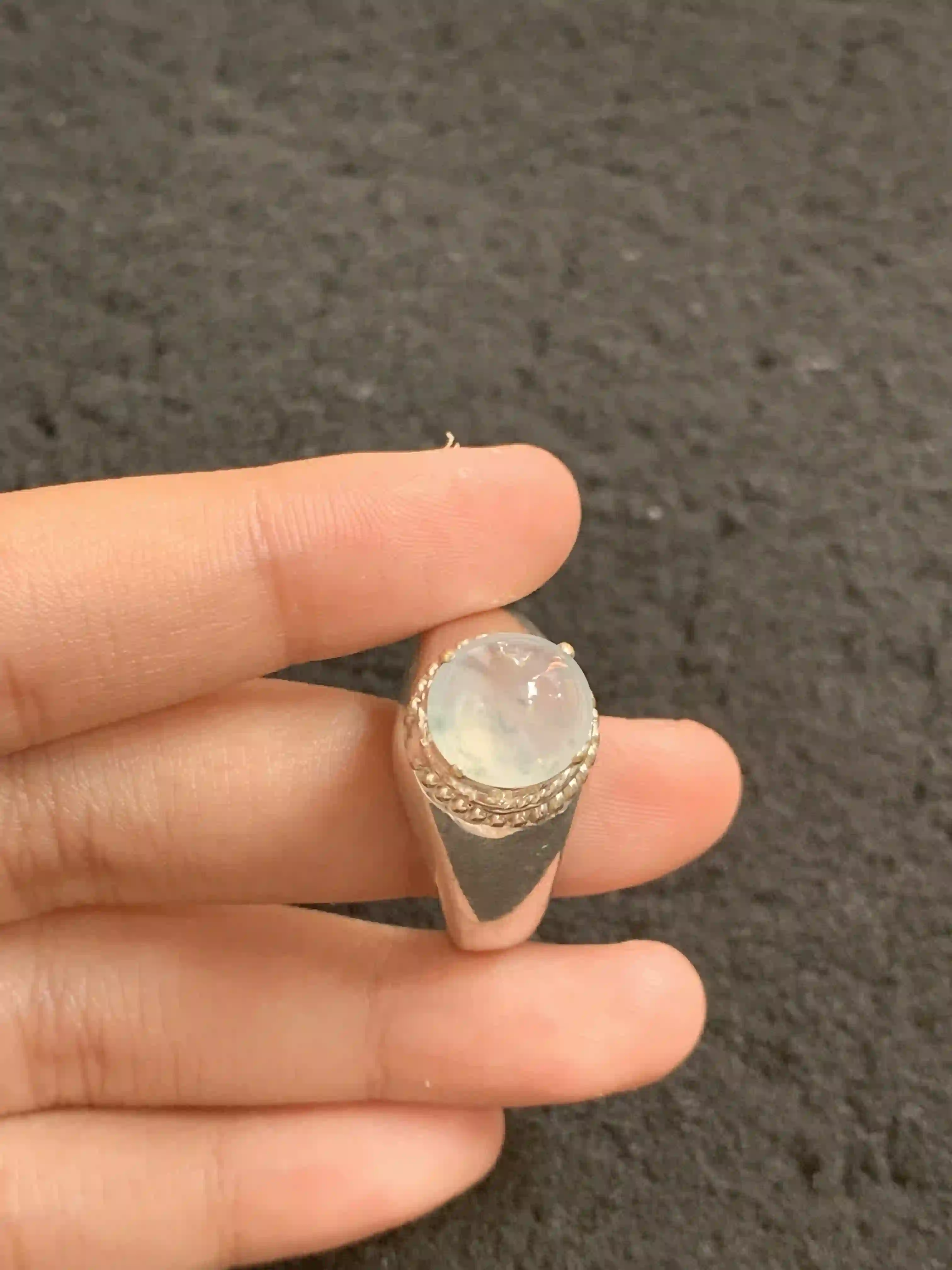 Translucent Jadeite Cabochon Ring with Textured Metal Band, view 2 | Myanmar Jadeite reference #1230007