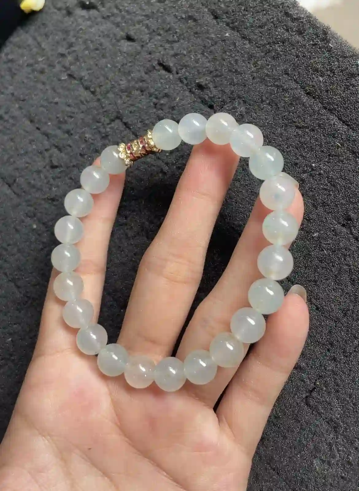 Icy Translucent Jadeite Beaded Bracelet with Gold & Gemstone Spacer, view 2 | Myanmar Jadeite reference #3030001