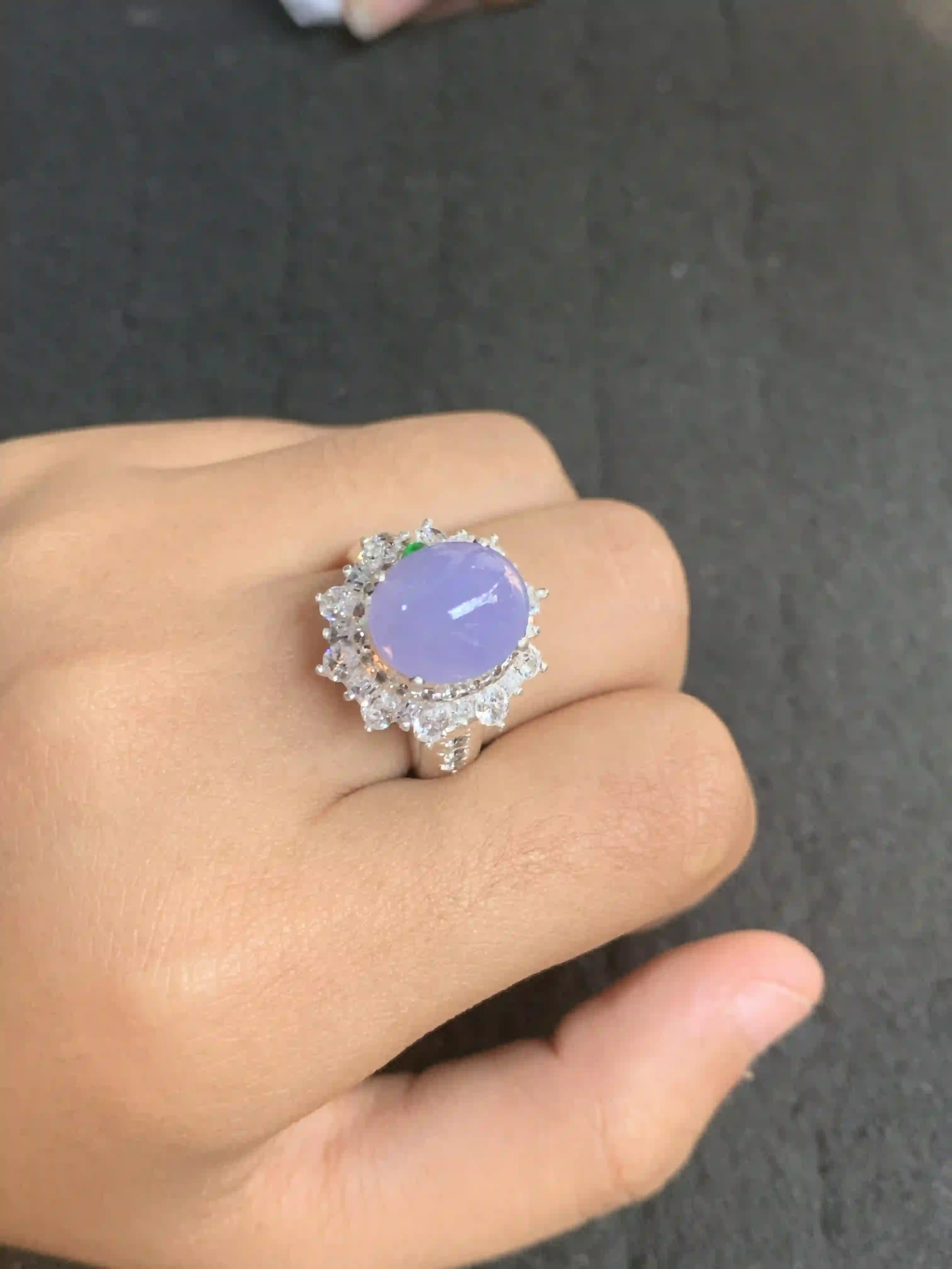 Lavender Jadeite Ring with Clear Crystals and Green Accent | Myanmar Jadeite reference #930001