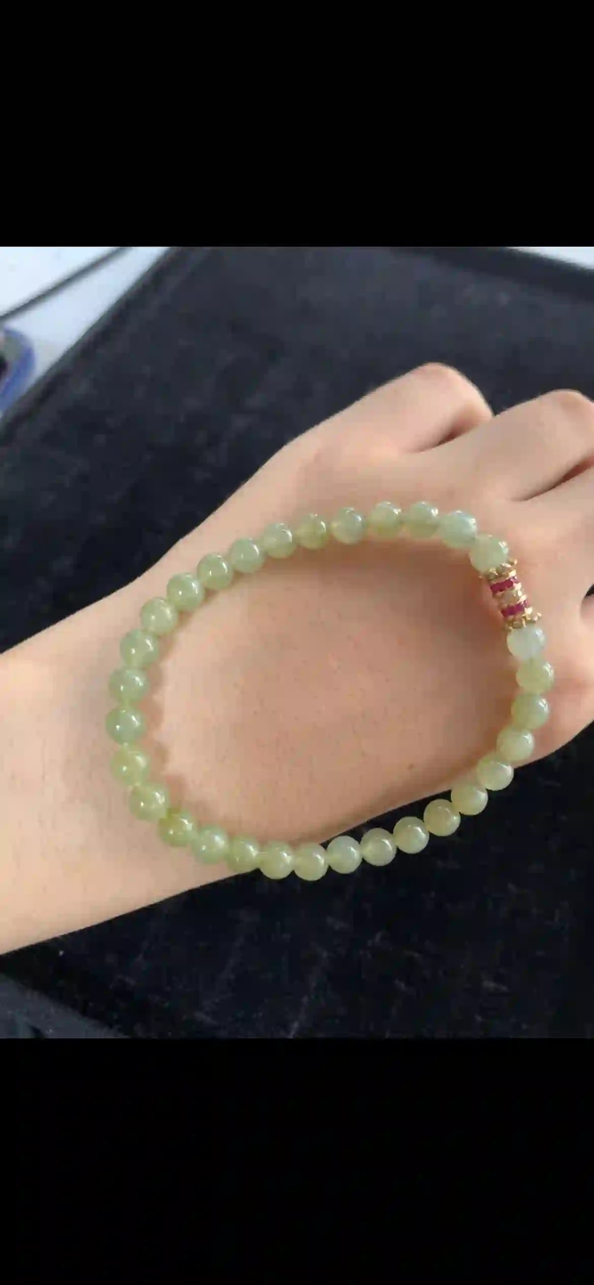 Olive Green Jade Beaded Bracelet — Gold & Ruby Accent Spacer, view 2 | Myanmar Jadeite reference #29070001
