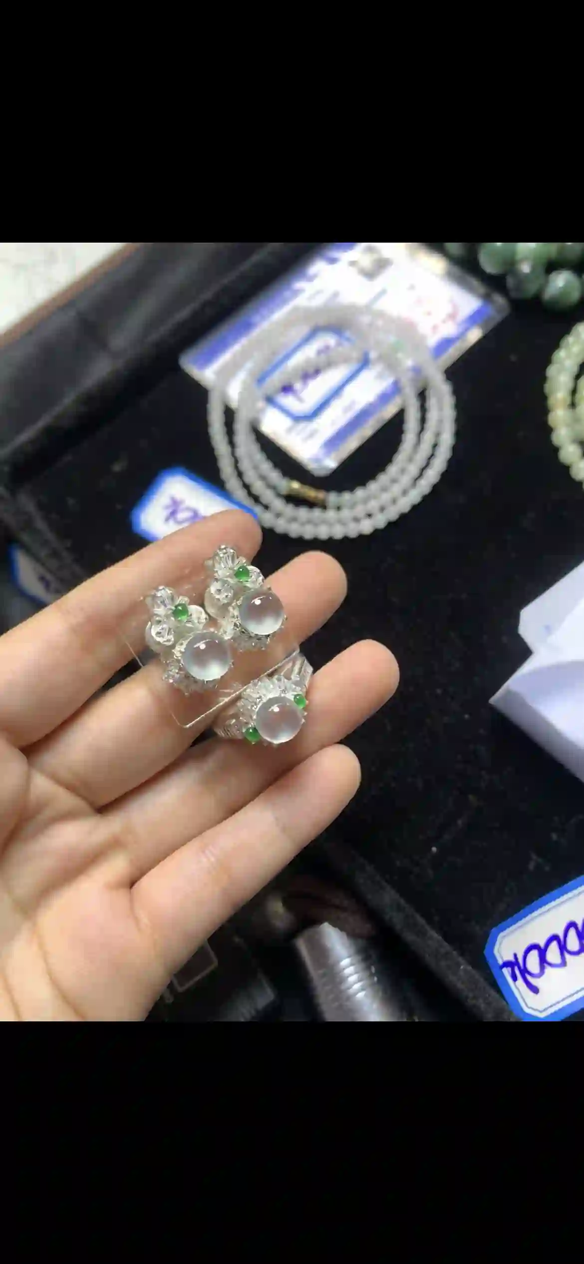 High-Ice White Jadeite Jewelry Set: Earrings & Ring | Myanmar Jadeite reference #14910001