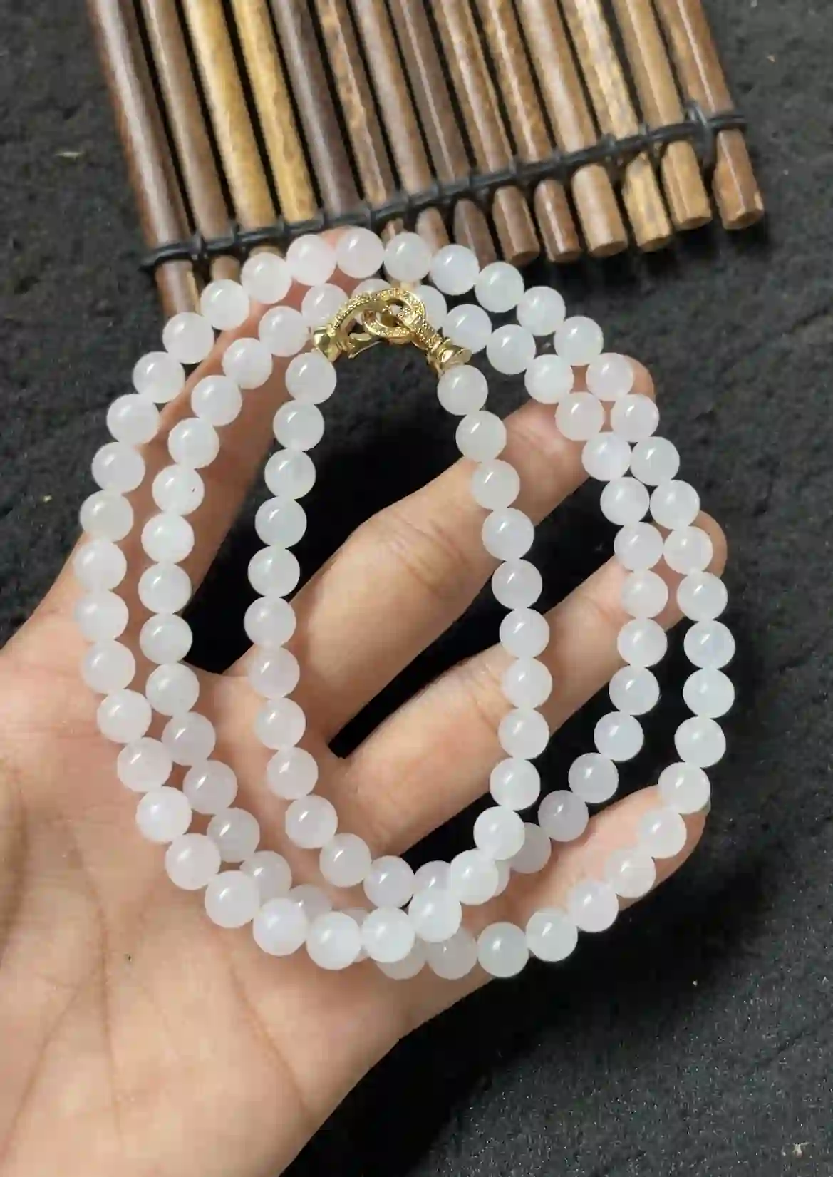 Natural Icy White Jade Bead Necklace with Gold Clasp, view 2 | Myanmar Jadeite reference #2580004