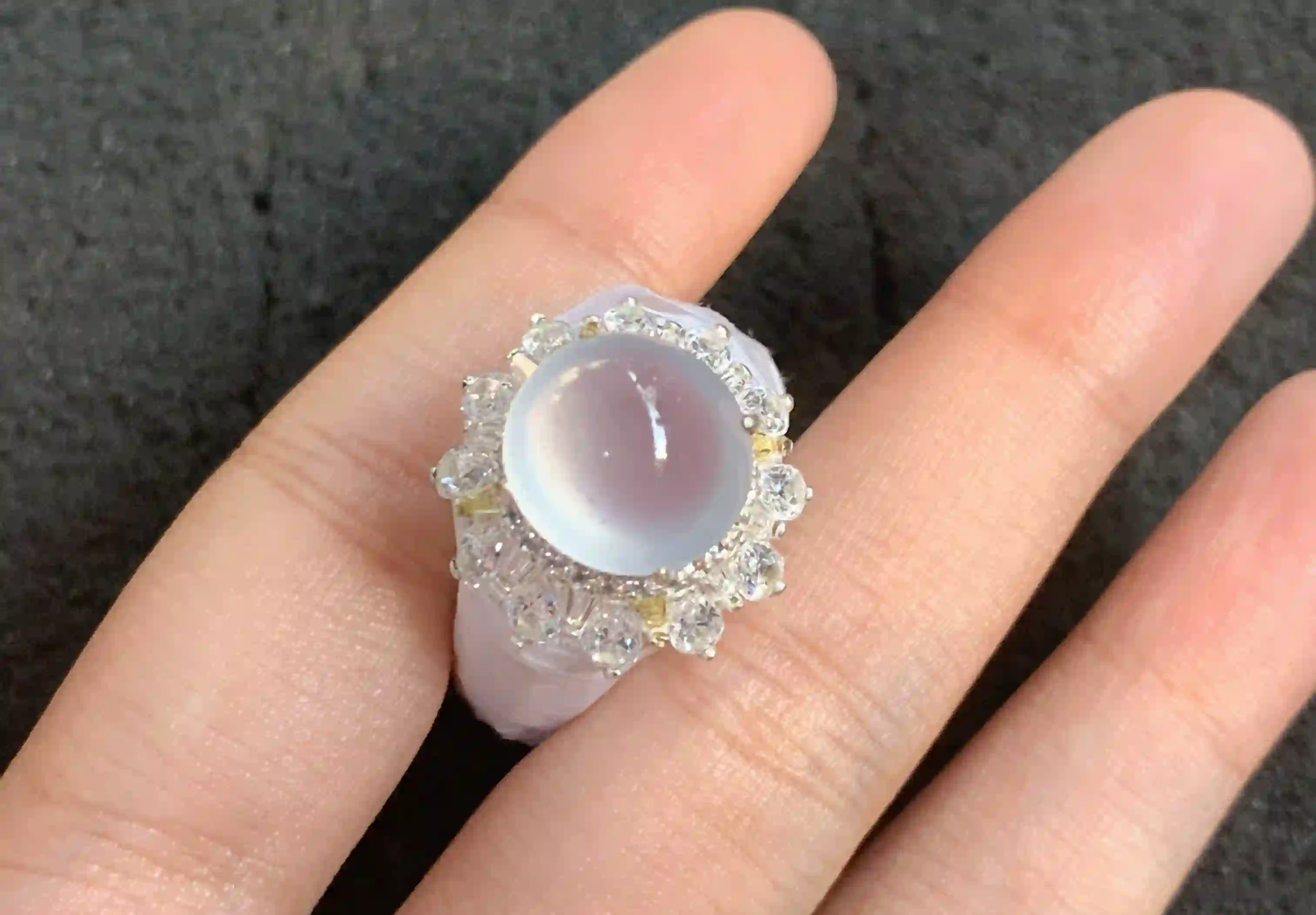  Lavender-Hued Cabochon Ring with Sparkling Crystal Halo Setting | Myanmar Jadeite reference #120006