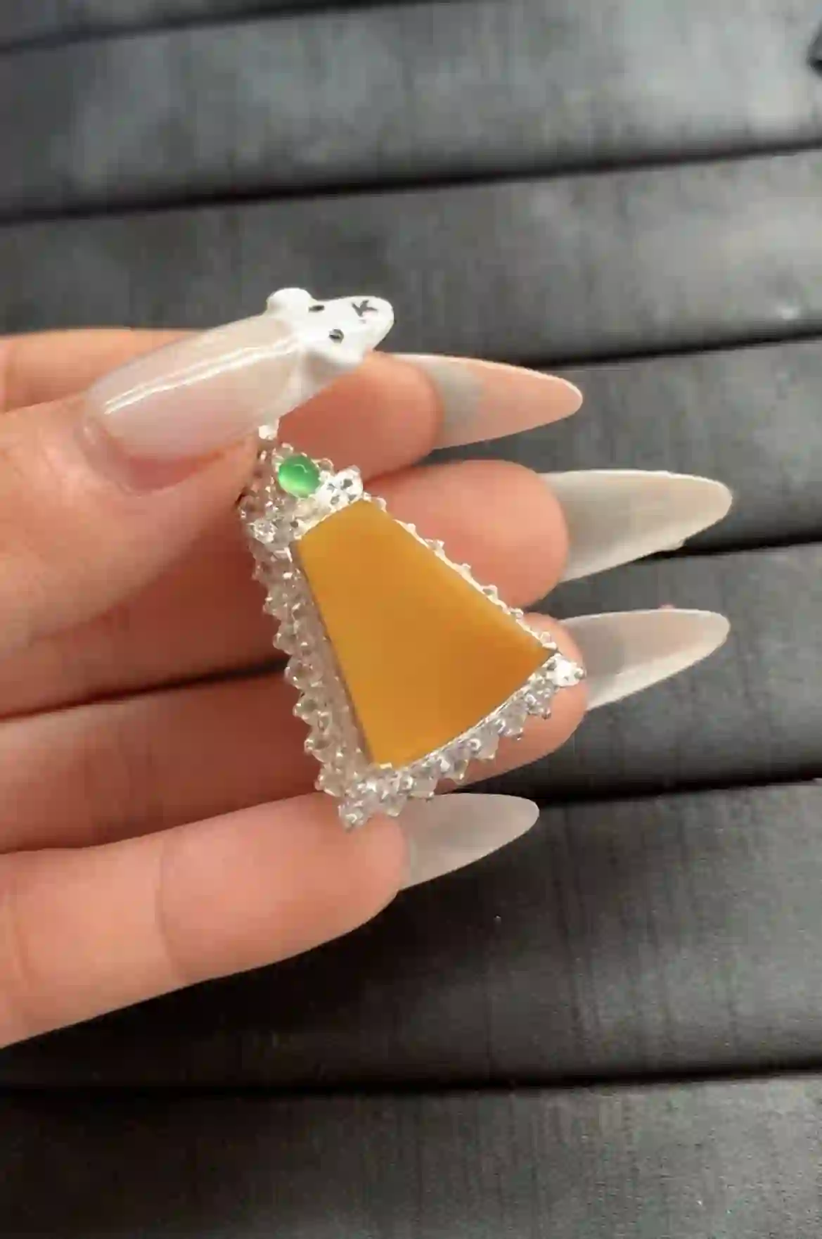 Stunning Yellow Jade Pendant with Silver-Toned Setting and Accent Stones | Myanmar Jadeite reference #1380006
