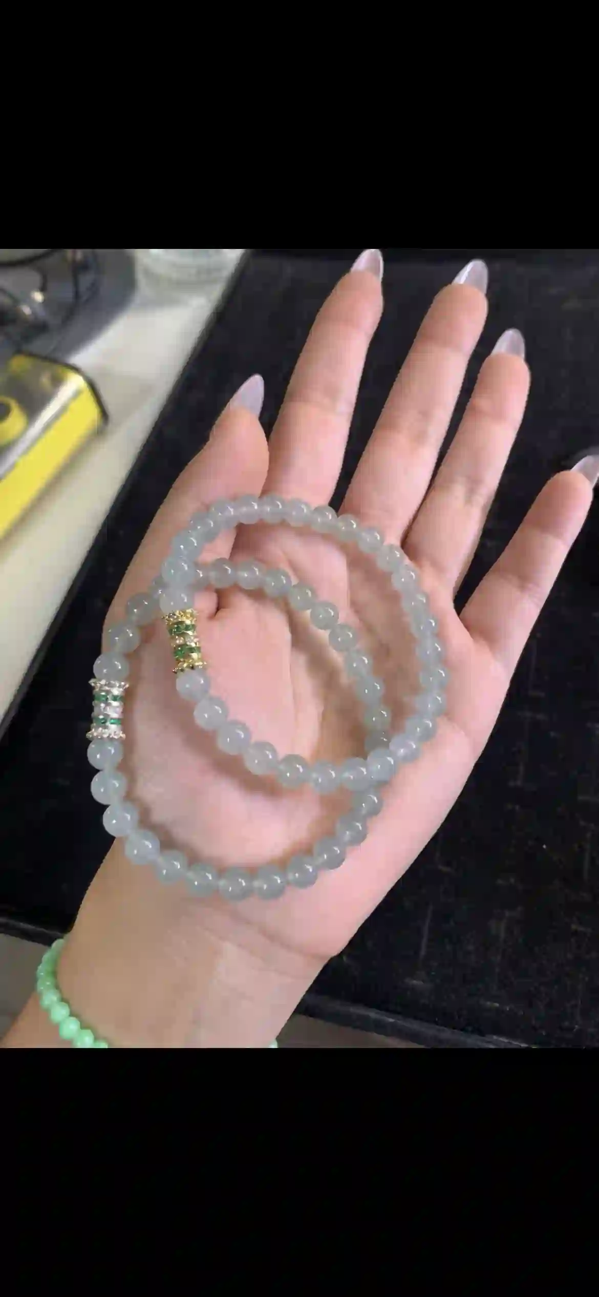 Icy Pale Gray‑Green Jadeite Bead Double‑Loop Bracelet with Accent Beads | Myanmar Jadeite reference #26250001