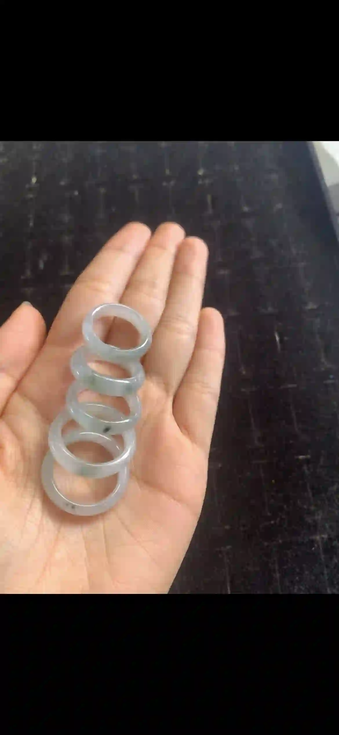 Set of Icy Floating Green Jadeite Band Rings, view 2 | Myanmar Jadeite reference #24150002