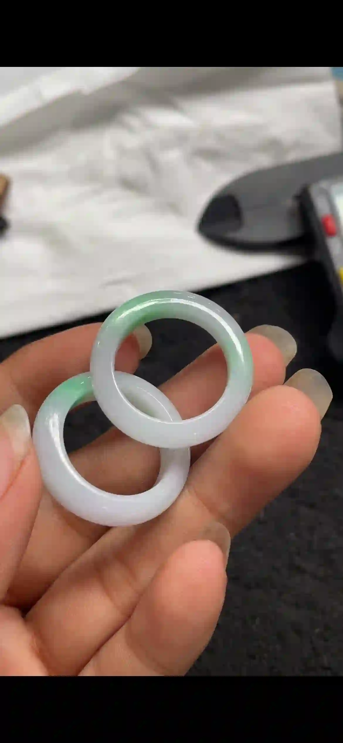  Pair of Natural Green & White Jade Ring Bands, Translucent Jadeite Bangles | Myanmar Jadeite reference #4890001