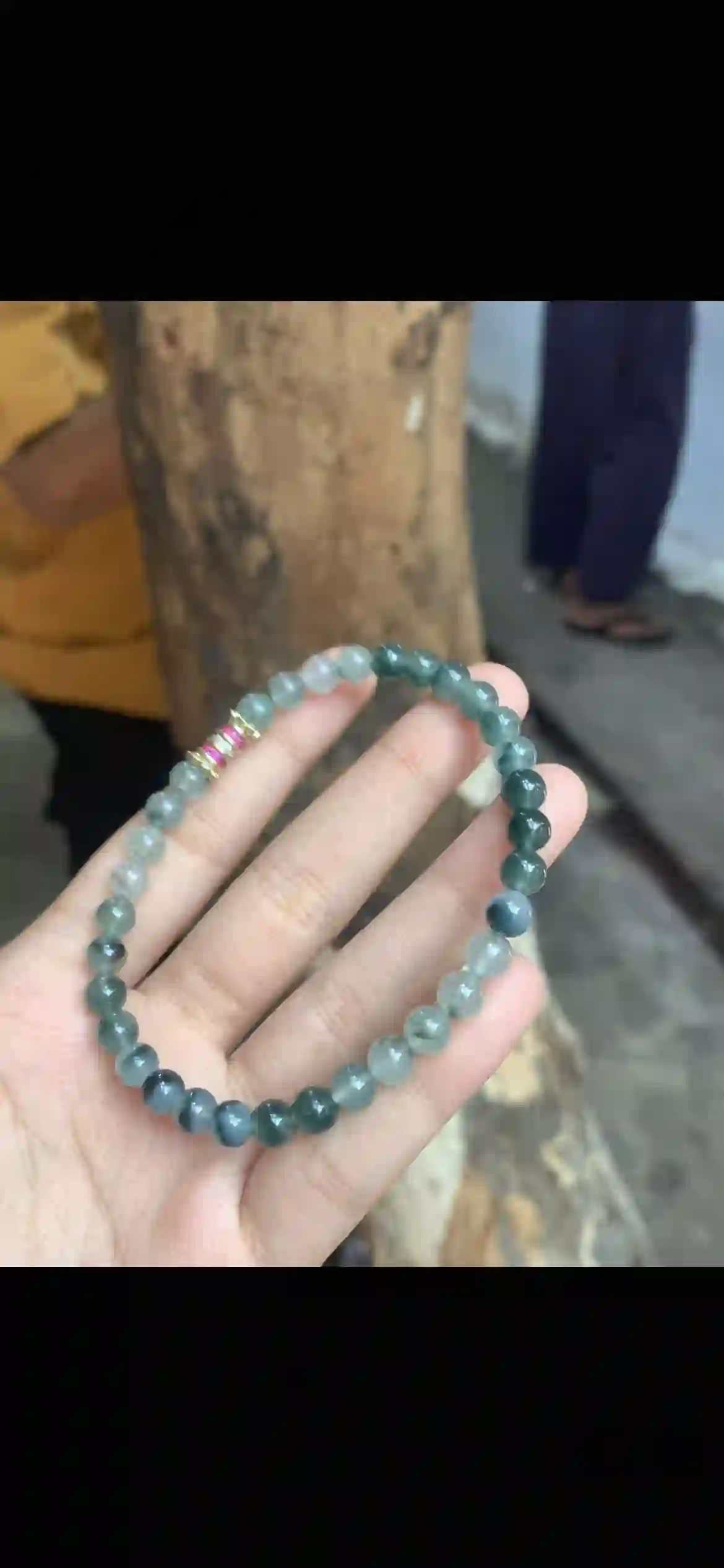 Deep Teal & Icy Blue-Green Jade Beaded Bracelet — Gold & Pink Accent Spacer, view 2 | Myanmar Jadeite reference #29160001