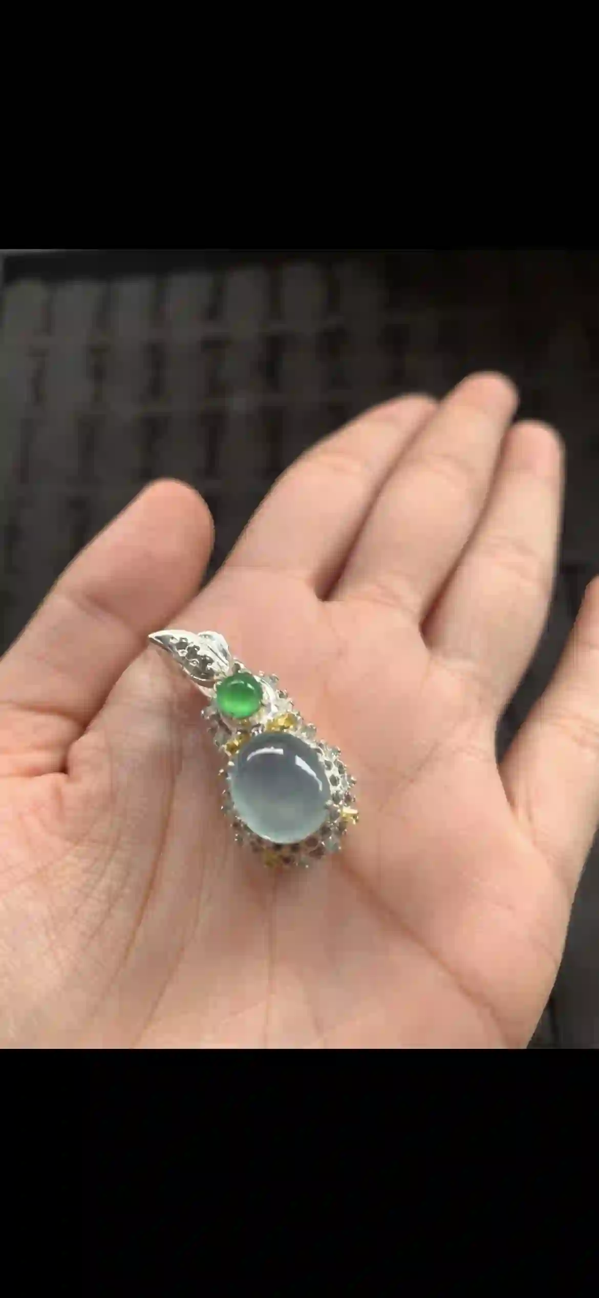 Icy Translucent Jadeite Pendant with Green Accent & Diamond Halo | Myanmar Jadeite reference #10500002