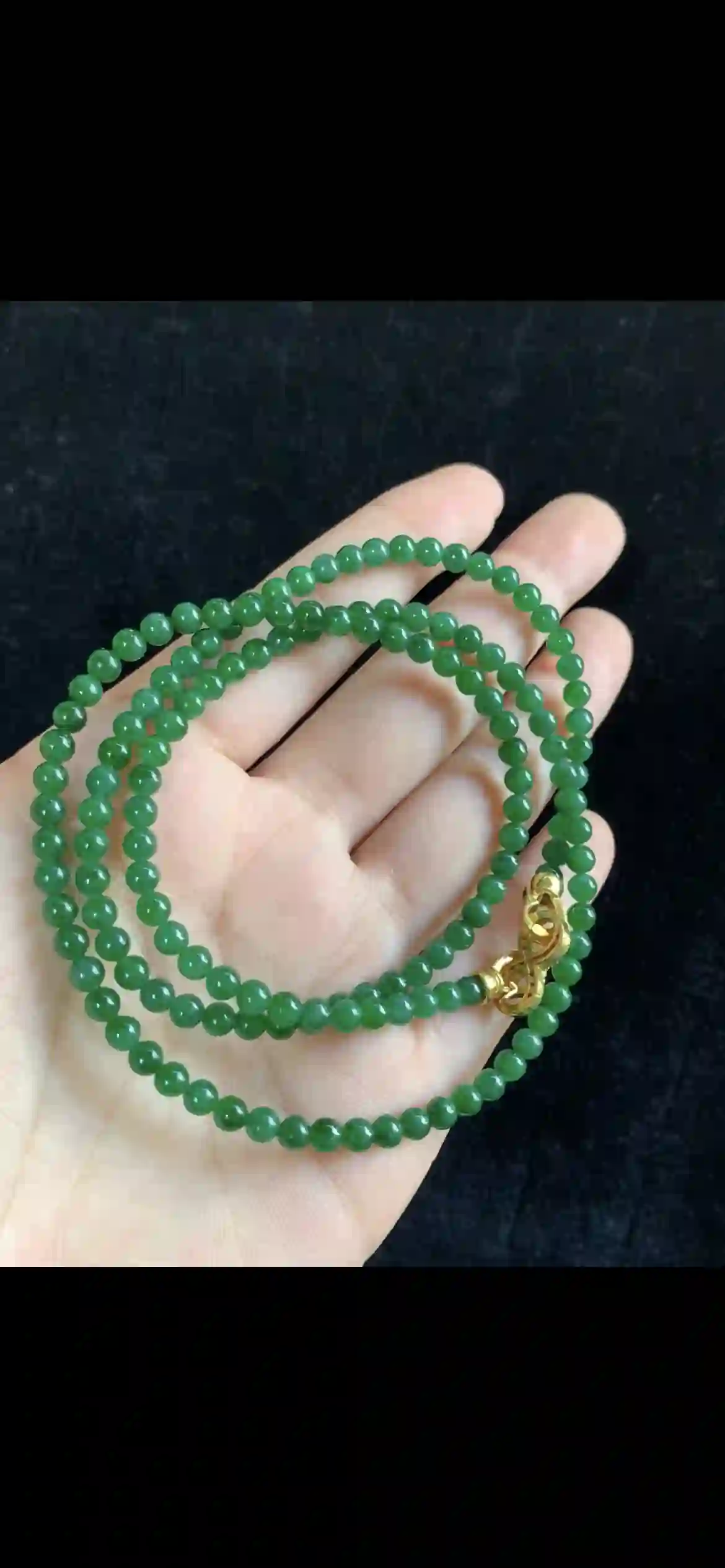 Imperial Emerald Green Jade Long Beaded Necklace — Polished Gold Clasp | Myanmar Jadeite reference #34590001