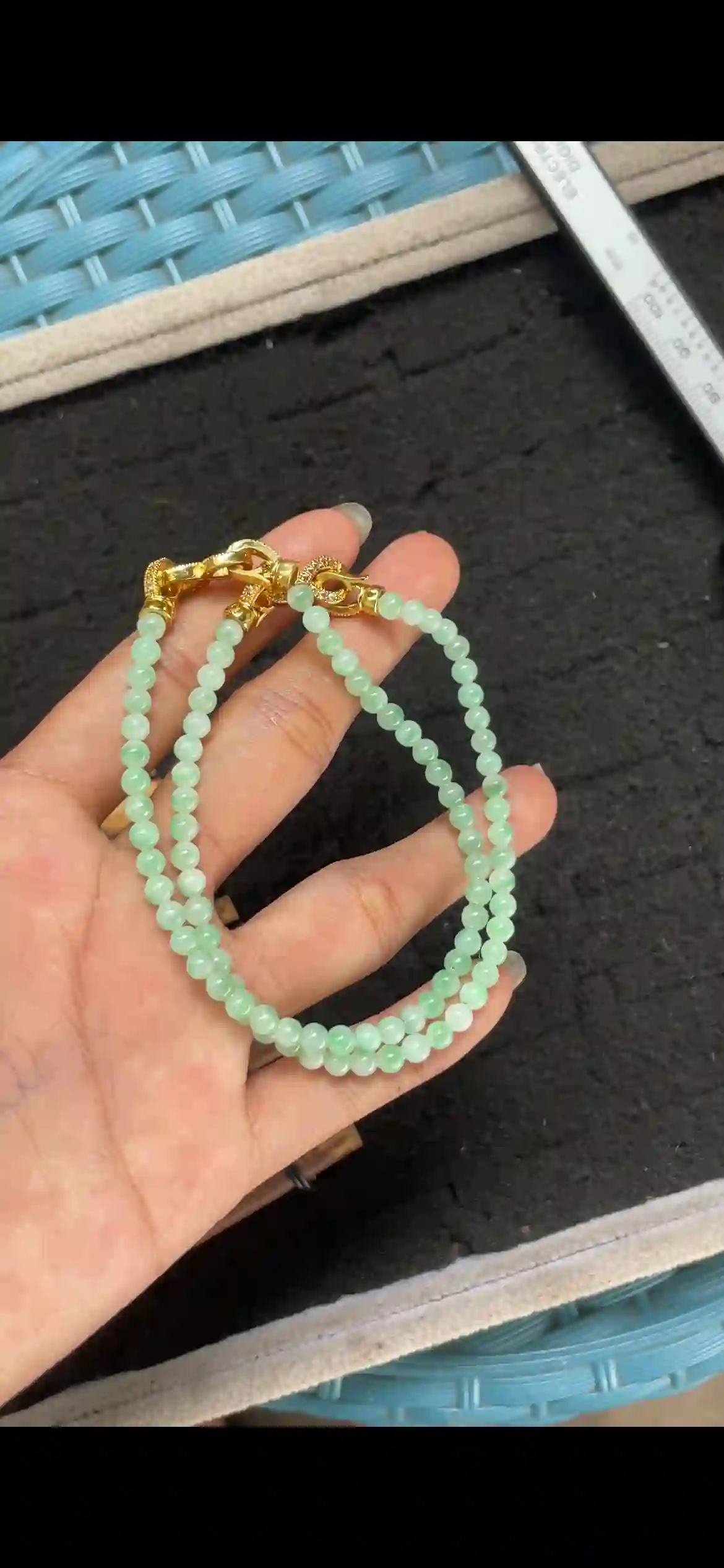  Icy Fresh Green Jade Bead Multi-Layer Necklace with Gold Clasps, view 2 | Myanmar Jadeite reference #6000001