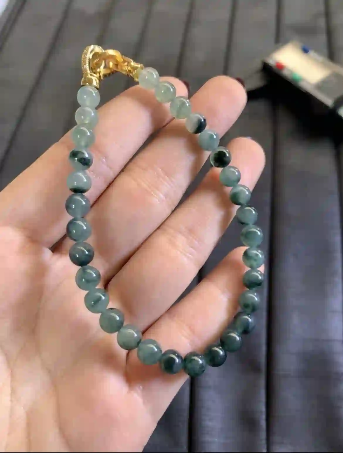 Ice Type Floating Flower Jade Bead Bracelet with Gold Clasp, view 2 | Myanmar Jadeite reference #2880003