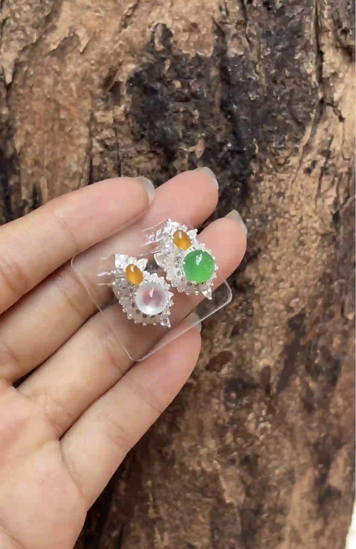   Multicolor Icy Jadeite Stud Earrings with Diamond Halo Setting | Myanmar Jadeite reference #3900002