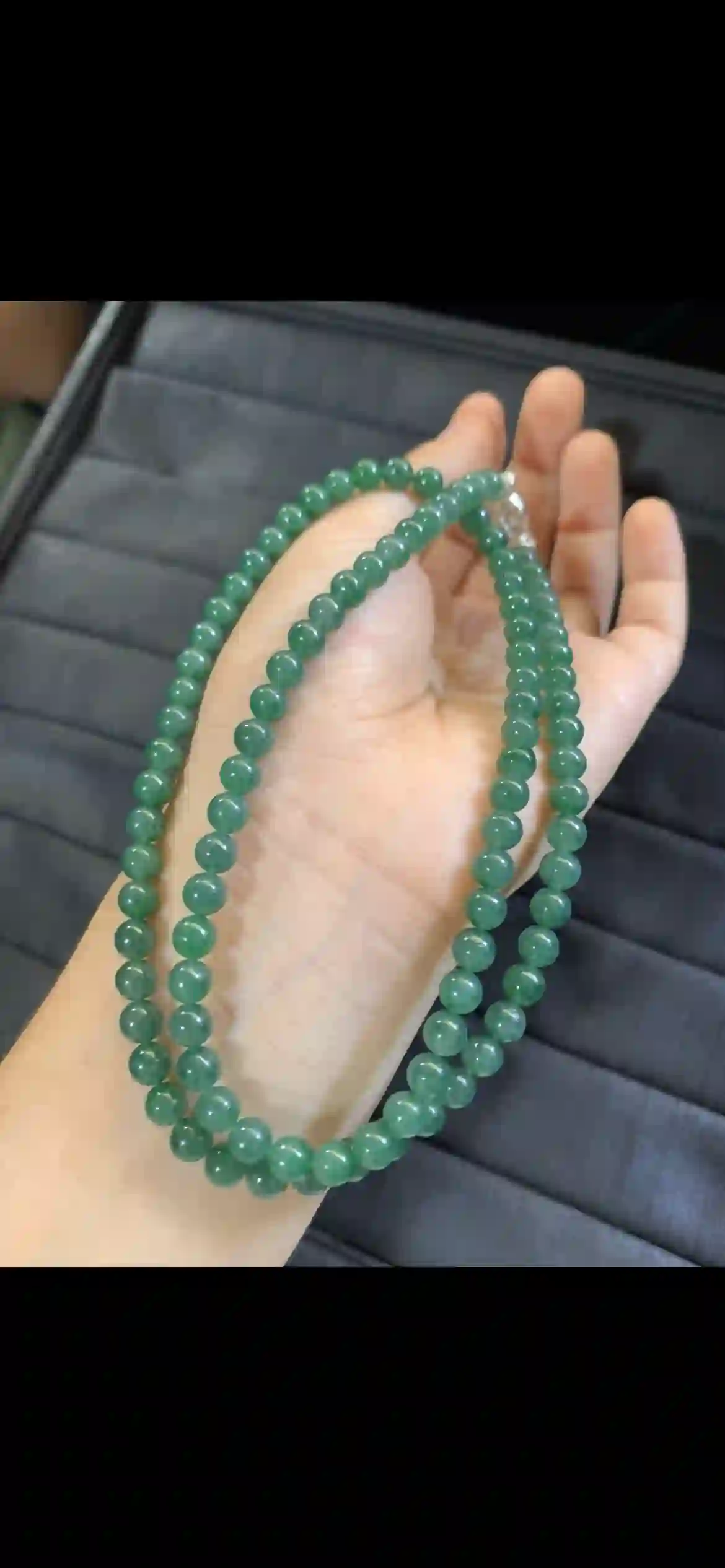 Natural Icy Olive Green Jadeite Bead Necklace, view 2 | Myanmar Jadeite reference #6930002