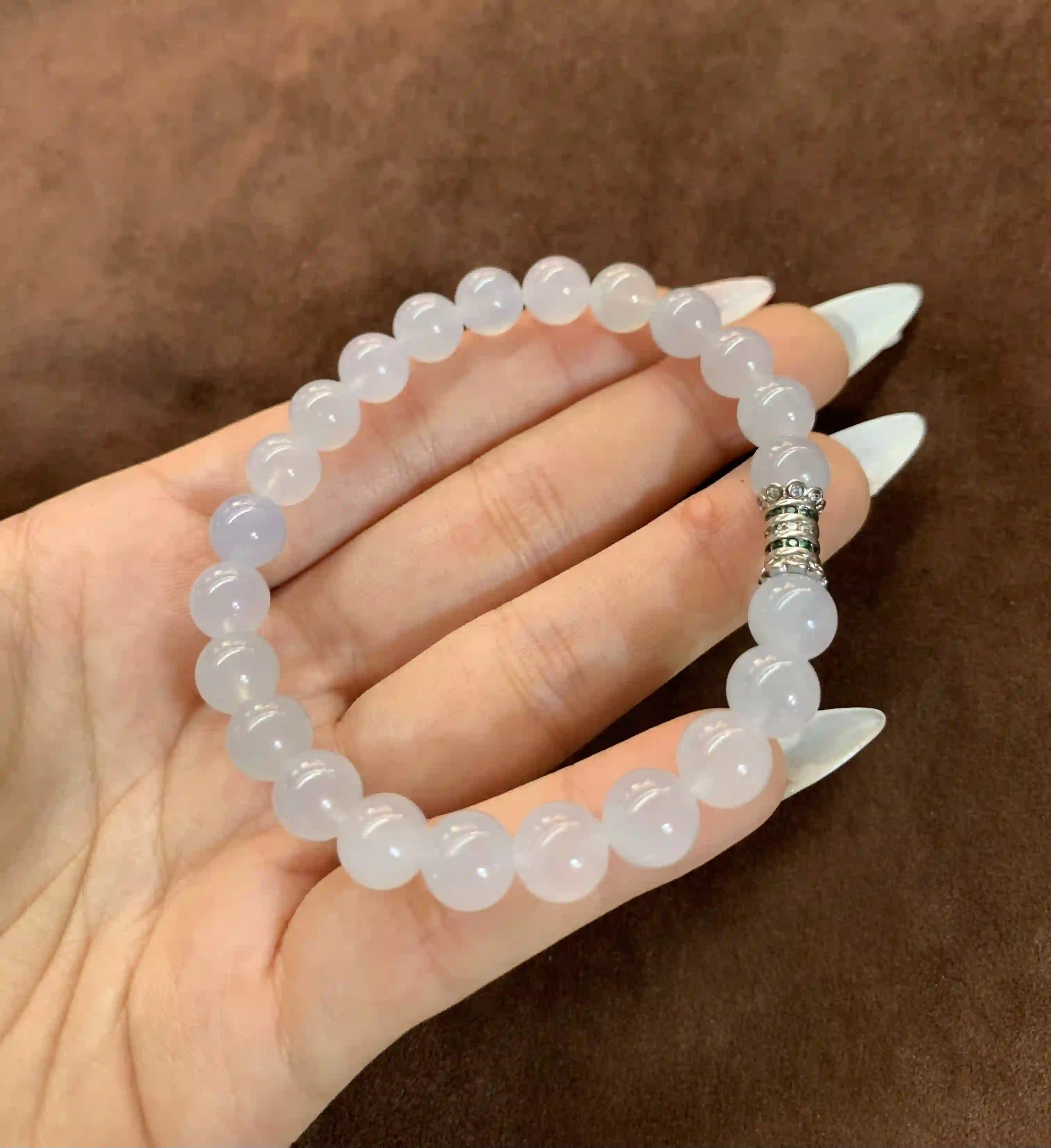  Light Lavender Jade Beaded Bracelet with Embellished Metal Accent | Myanmar Jadeite reference #780004