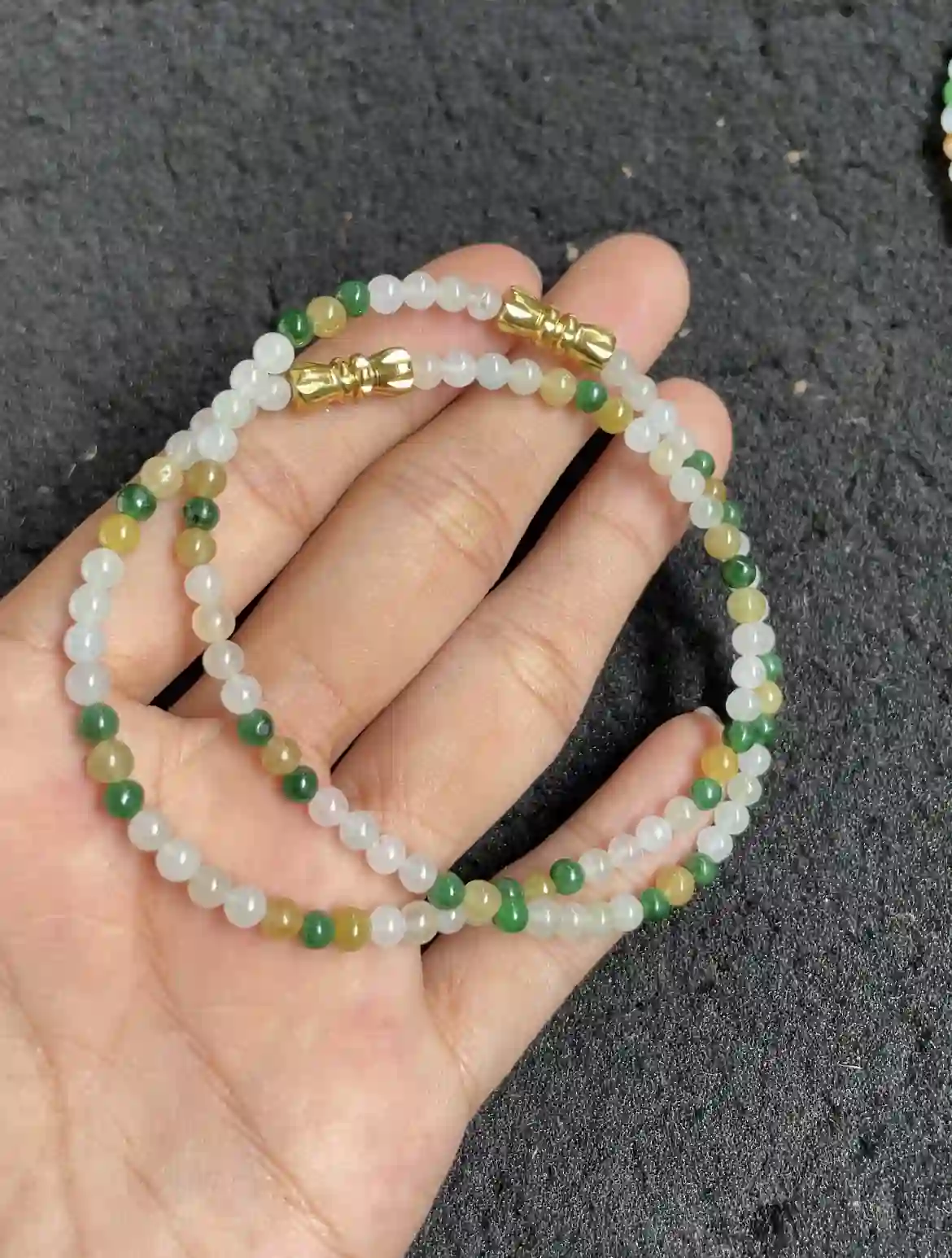   Natural Multicolor Jade Bead Bracelet with Gold Accents, view 2 | Myanmar Jadeite reference #2490009