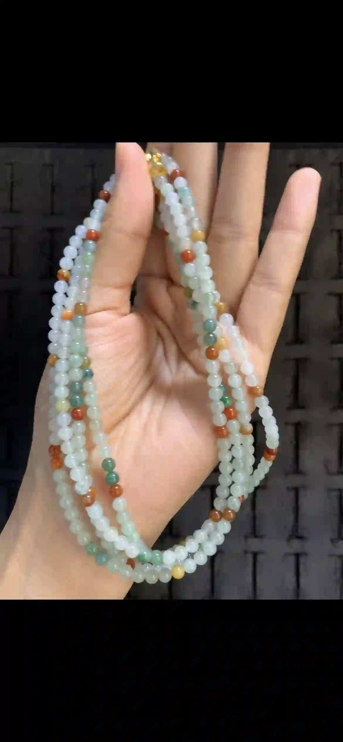 Multicolor Tri-Color Jade Bead Multi-Strand Necklace — White, Green & Red-Orange, view 2 | Myanmar Jadeite reference #19950001