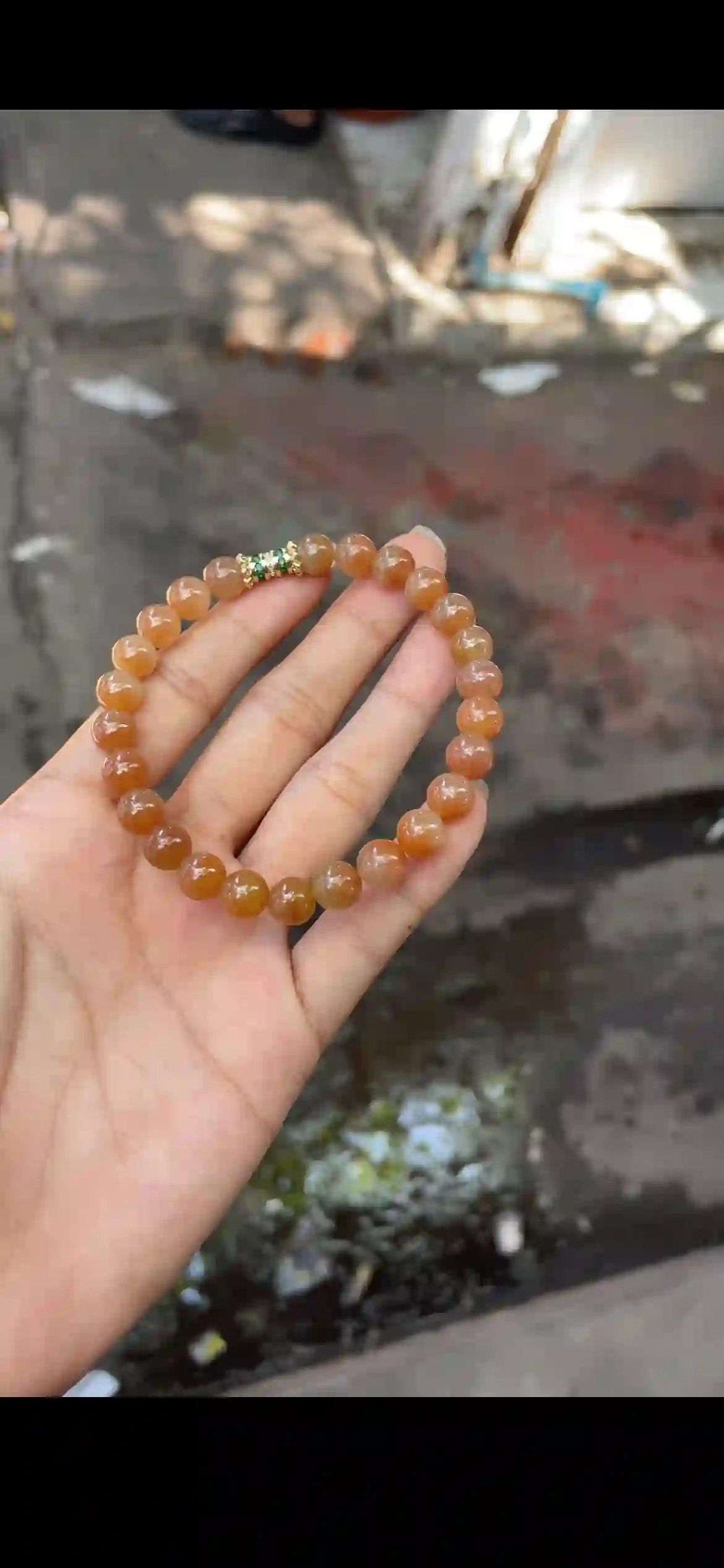 Warm Honey Orange Jade Beaded Bracelet with Emerald Accent | Myanmar Jadeite reference #35070001