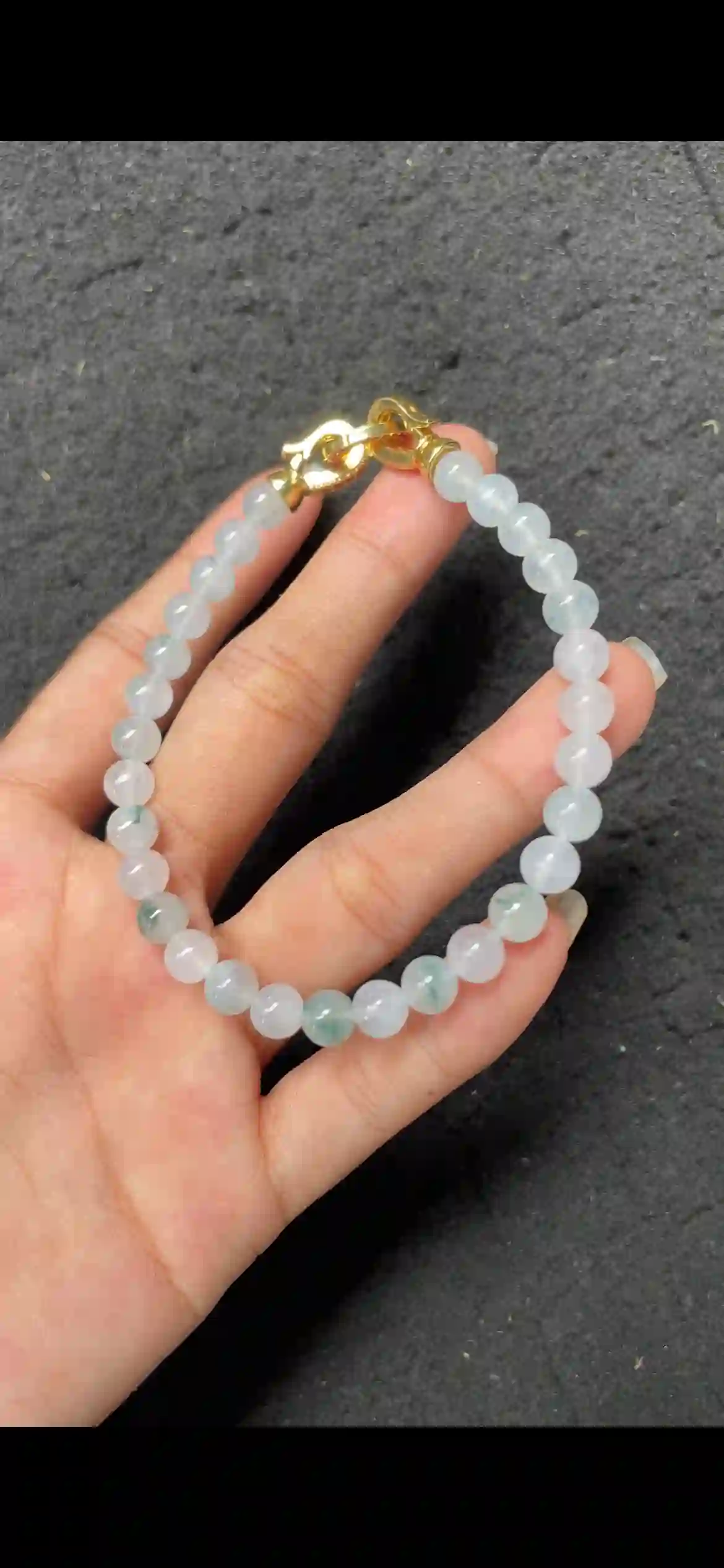   Icy Floating Blue Flower Jadeite Beaded Bracelet with Gold Clasp, view 2 | Myanmar Jadeite reference #4320004