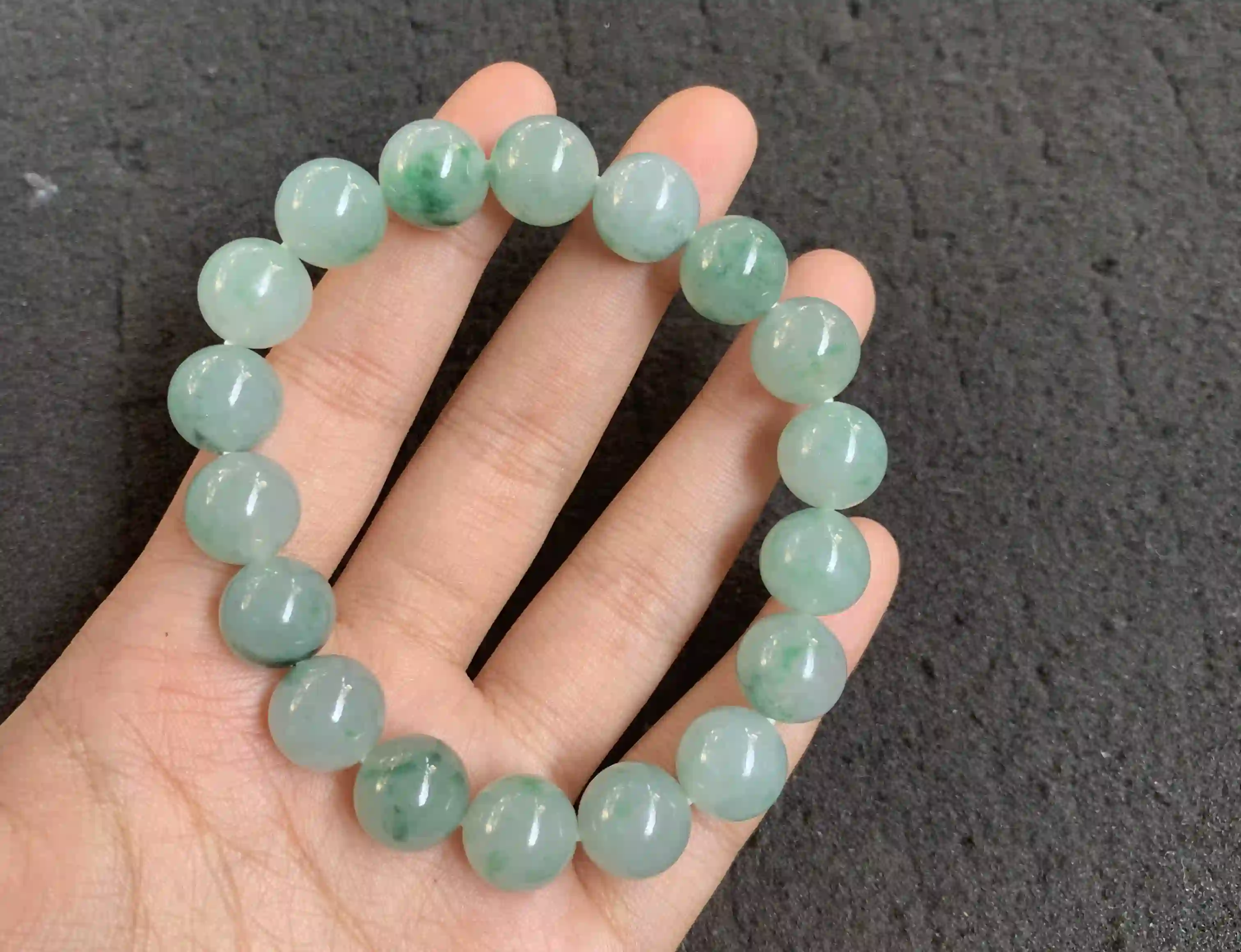  Green Jadeite Beaded Stretch Bracelet with Cloud Patterns, view 2 | Myanmar Jadeite reference #270004